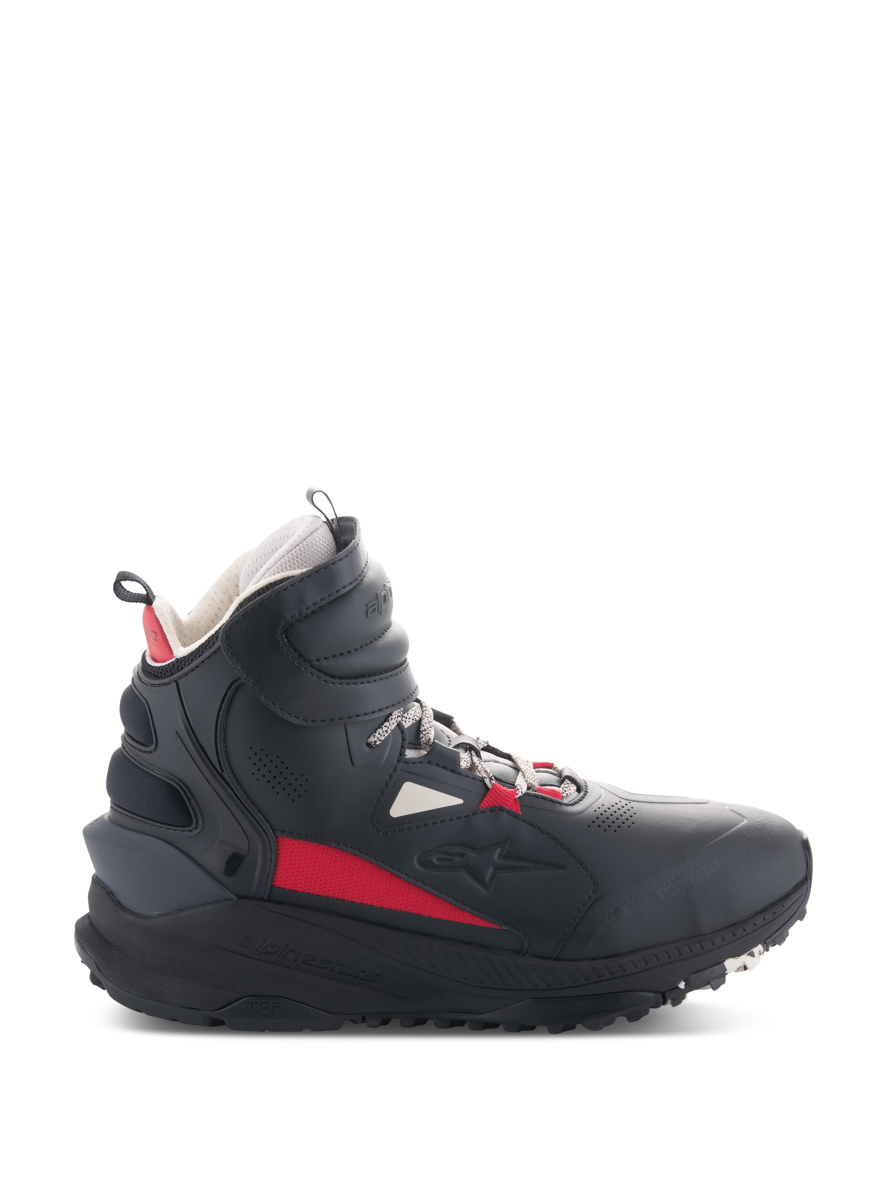 Alpinestars Speedstreet Schuhe, Motorradschuhe, Schwarz, Ecru und Hellrot, High-Top-Seitenprofil, Streetwear-inspiriertes Design, gepolsterter Knöchelbund, dicke Sohle mit TPF-Markierung, Schutzausrüstung für urbane Fahrten