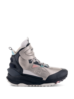 Alpinestars Speedstreet Shoes, High-Top Motorcycle Riding Shoes, Ecru, Coral, Black, and Aqua, metallic silver-toned microfiber upper with black protective panels, coral pink and aqua blue accents, chunky sole with TPF branding, urban streetwear design
