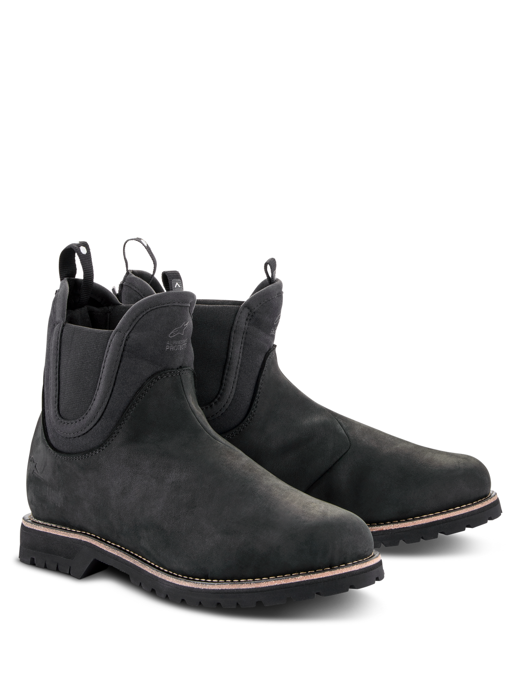 Alpinestars Turnstone Schuhe, schwarze Motorradstiefel im Chelsea-Stil, Obermaterial aus mattem Rindsleder mit elastischen Seiteneinsätzen und hinteren Zuglaschen, urbane Motorradschuhe mit robuster Profilsohle und weißer Rahmennaht