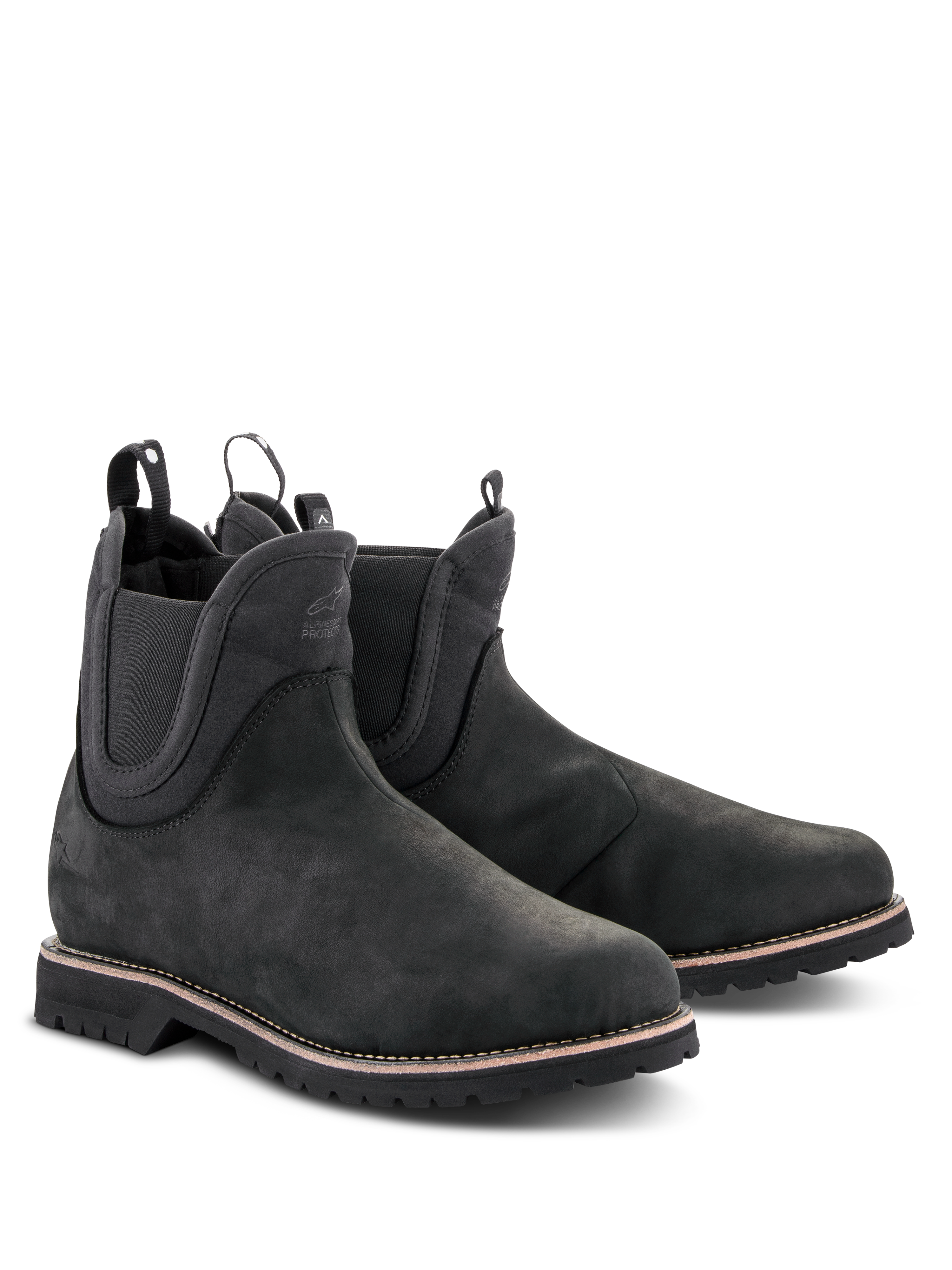 Alpinestars Turnstone Schuhe, schwarze Motorradstiefel im Chelsea-Stil, Obermaterial aus mattem Rindsleder mit elastischen Seiteneinsätzen und hinteren Zuglaschen, urbane Motorradschuhe mit robuster Profilsohle und weißer Rahmennaht