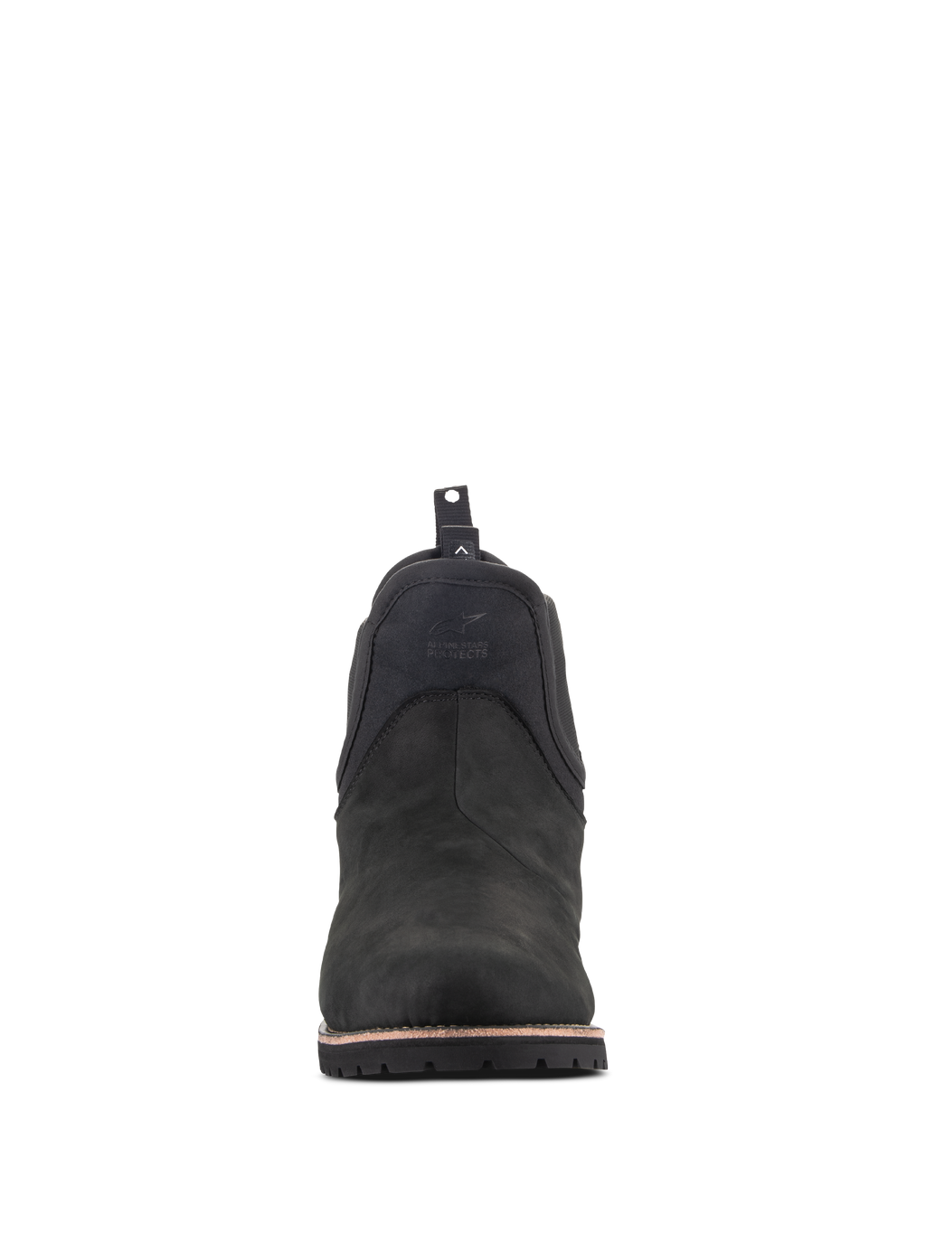 Alpinestars Turnstone Schuhe, Urbane Motorradschuhe, Schwarz Schwarz, Vorderansicht eines Chelsea-Boots aus Rindsleder mit geprägtem Logo vorne und einer rückseitigen Anziehschlaufe.