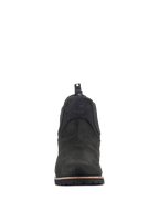 Alpinestars Turnstone Schuhe, Urbane Motorradschuhe, Schwarz Schwarz, Vorderansicht eines Chelsea-Boots aus Rindsleder mit geprägtem Logo vorne und einer rückseitigen Anziehschlaufe.