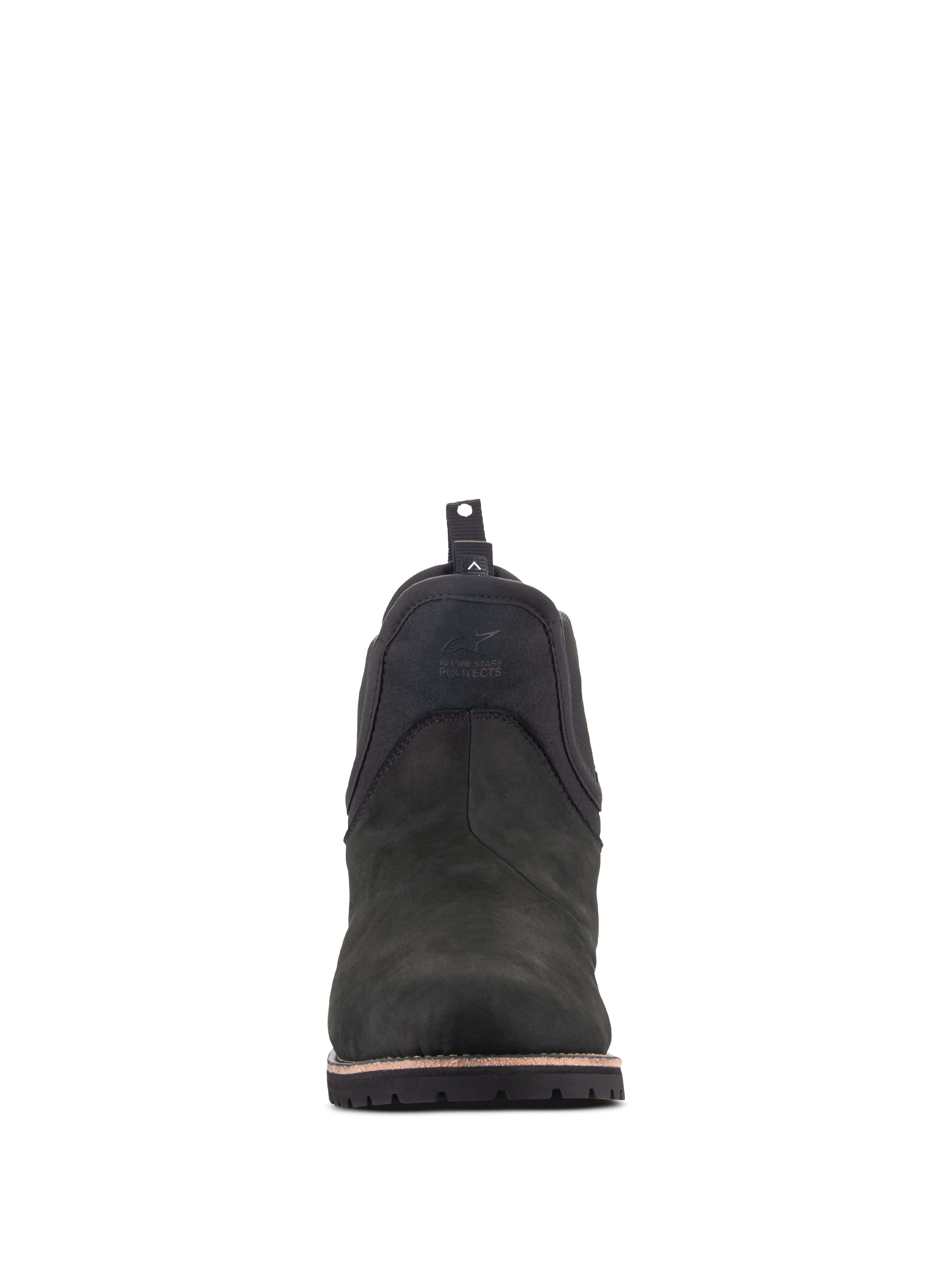 Alpinestars Turnstone Schuhe, Urbane Motorradschuhe, Schwarz Schwarz, Vorderansicht eines Chelsea-Boots aus Rindsleder mit geprägtem Logo vorne und einer rückseitigen Anziehschlaufe.