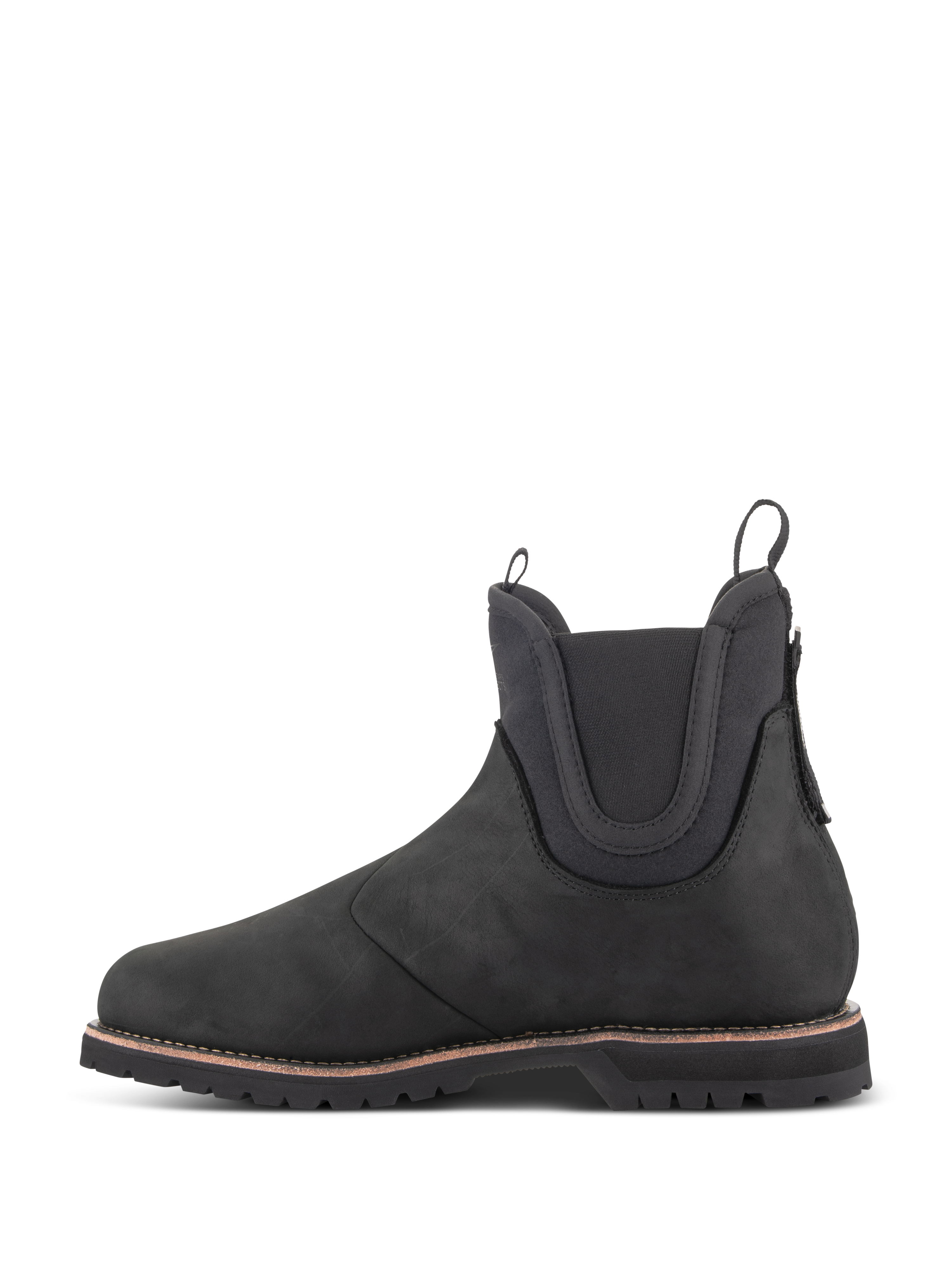 Alpinestars Turnstone Schuhe, schwarzer Motorradstiefel im Chelsea-Stil, Seitenansicht, gefertigt aus 1,5 mm Rindsleder mit elastischen Knöcheleinsätzen und Zuglaschen vorne und hinten.