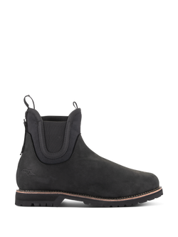 Alpinestars Turnstone Shoes in Black, Chelsea-style motorcycle ankle boots, matte bovine leather with elastic side panels, thick lugged sole featuring a brown welt detail, dual pull tabs, protective urban riding footwear.