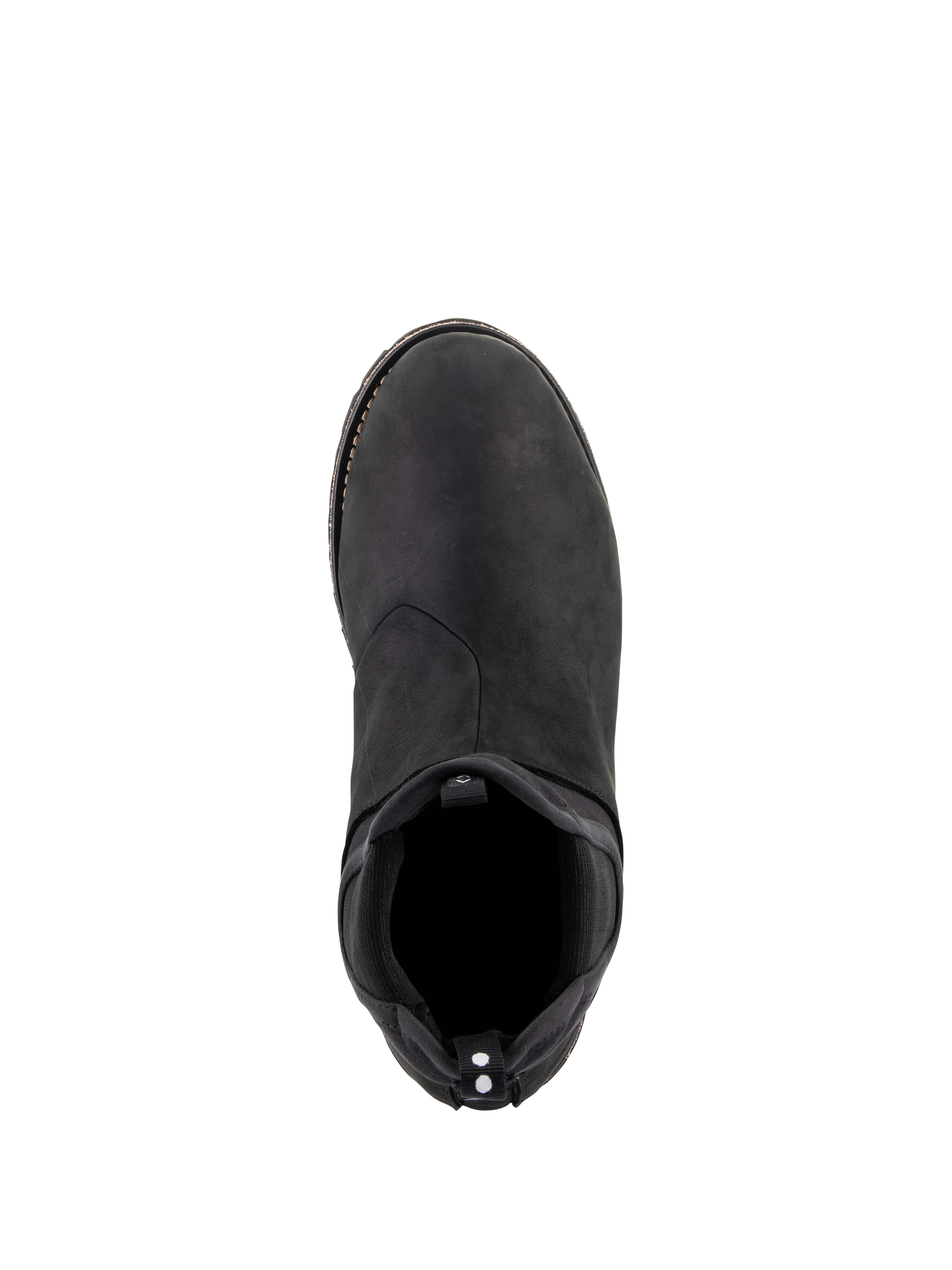 Alpinestars Turnstone Schuhe, Schwarz Schwarz, Draufsicht auf einen urbanen Motorradschuh aus Rindsleder mit elastischem Chelsea-Einstieg und einer hinteren Anziehhilfe mit weißen Punkten, minimalistisches Schutzschuhwerk für den Straßeneinsatz.
