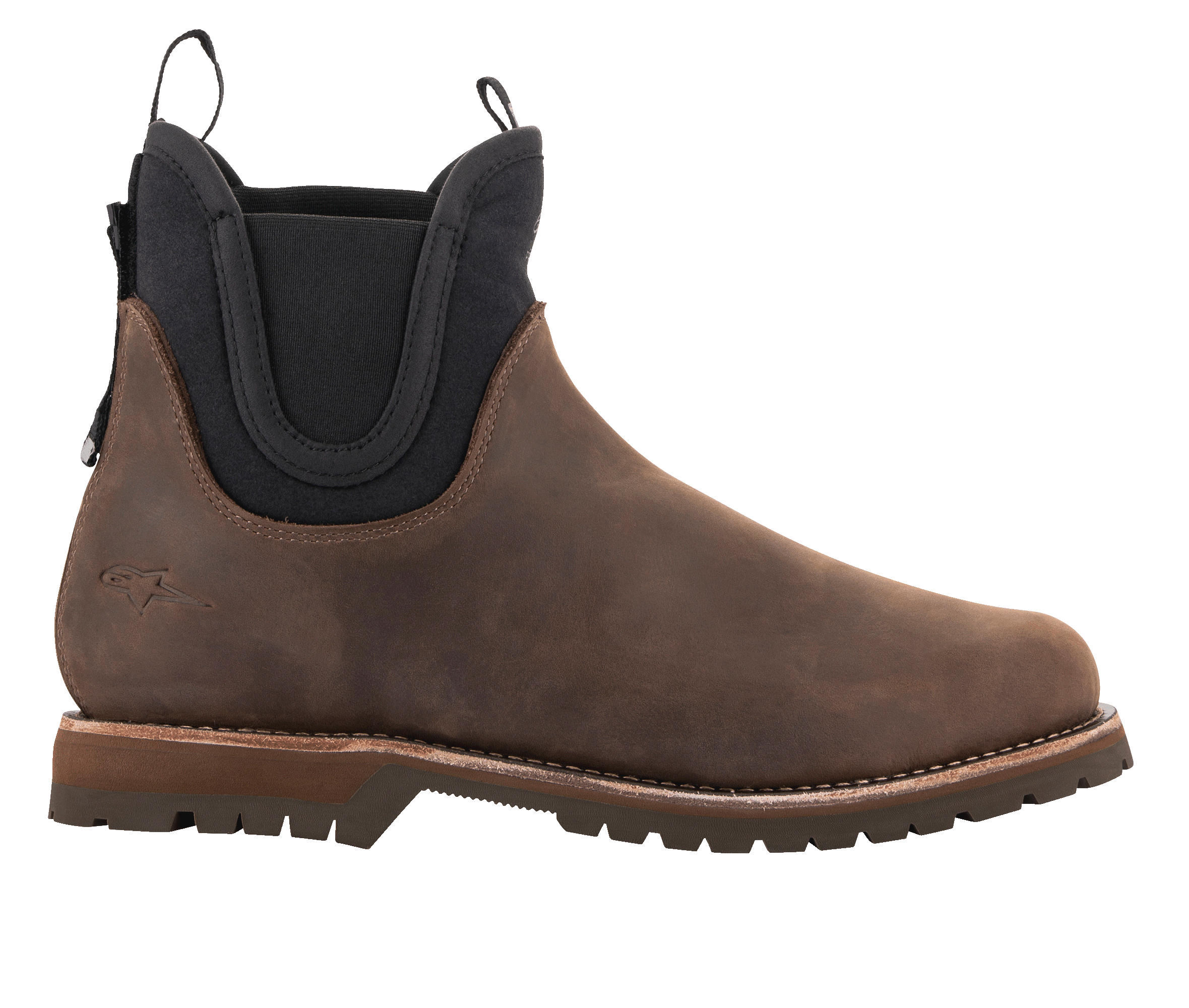 Alpinestars Turnstone Schuhe, schokoladenbraune Leder-Chelsea-Boots, urbane Motorradschuhe, schwarze elastische Seiteneinsätze, robuste Profilsohle, klassische Silhouette