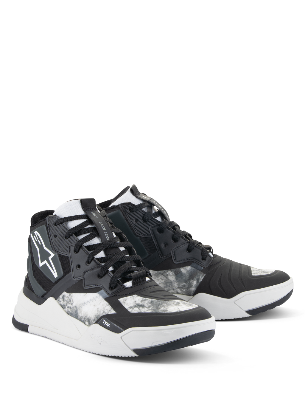 Alpinestars Speedflight Schuhe, Motorradschuhe, Schwarz, Grau und Weiß, mit marmoriertem Muster, High-Top-Sneaker-Design mit verstärkten Einsätzen, weißem Alpinestars-Logo und strapazierfähiger Gummisohle