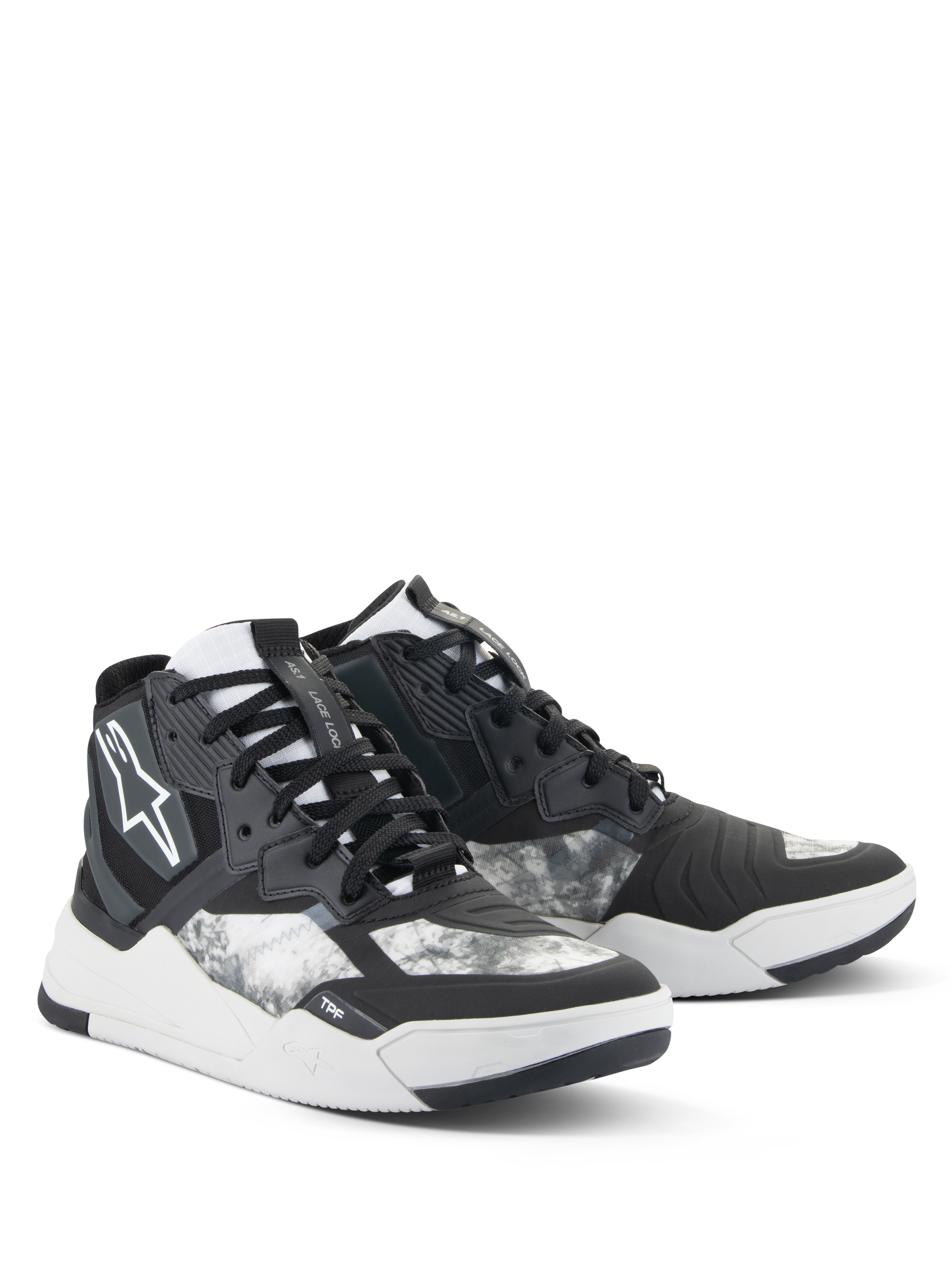 Alpinestars Speedflight Schuhe, Motorradschuhe, Schwarz, Grau und Weiß, mit marmoriertem Muster, High-Top-Sneaker-Design mit verstärkten Einsätzen, weißem Alpinestars-Logo und strapazierfähiger Gummisohle