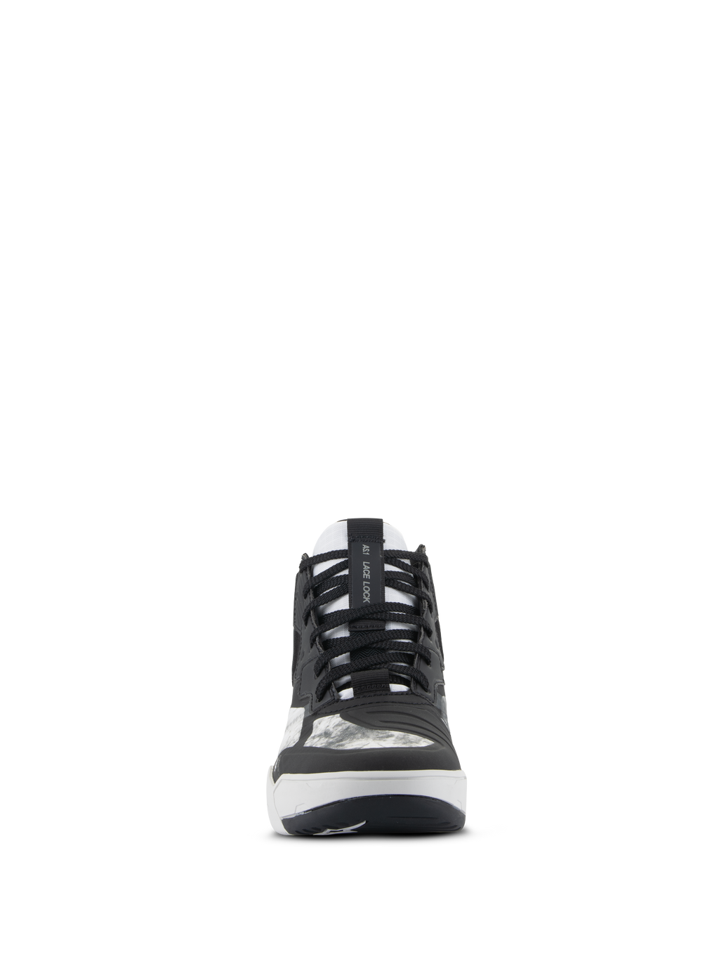 Alpinestars Speedflight Schuhe, Motorradschuhe, Schwarz, Grau und Weiß, Vorderansicht mit schwarzen Schnürsenkeln, AS1 Lace Lock-Riemen auf der Zunge und integriertem Schaltpolster, Performance-Schuhwerk im Street-Style