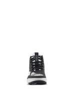 Alpinestars Speedflight Schuhe, Motorradschuhe, Schwarz, Grau und Weiß, Vorderansicht mit schwarzen Schnürsenkeln, AS1 Lace Lock-Riemen auf der Zunge und integriertem Schaltpolster, Performance-Schuhwerk im Street-Style