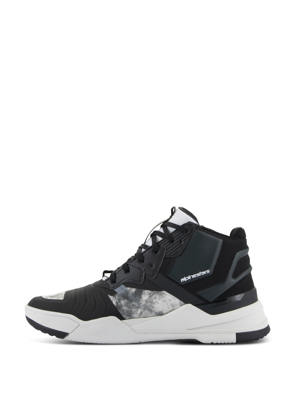 Alpinestars Speedflight Schuhe, Motorradschuhe, Schwarz, Grau und Weiß, Seitenansicht mit Ripstop-Textilobermaterial, grau gemusterten Einsätzen, schwarzer verstärkter Ferse und dicker weißer Zwischensohle mit Markenlogo, urbanes sportliches Design