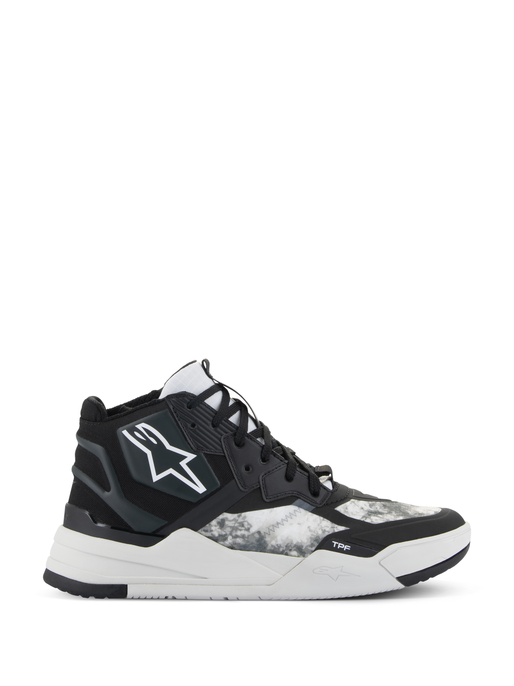 Alpinestars Speedflight Schuhe, High-Top Performance Motorrad-Sneaker, Schwarz, Grau und Weiß, weißes Stern-Logo, strukturiertes Ripstop-Muster an den Seitenwänden, dicke weiße geometrische Sohle mit TPF-Branding