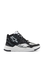 Alpinestars Speedflight Schuhe, High-Top Performance Motorrad-Sneaker, Schwarz, Grau und Weiß, weißes Stern-Logo, strukturiertes Ripstop-Muster an den Seitenwänden, dicke weiße geometrische Sohle mit TPF-Branding