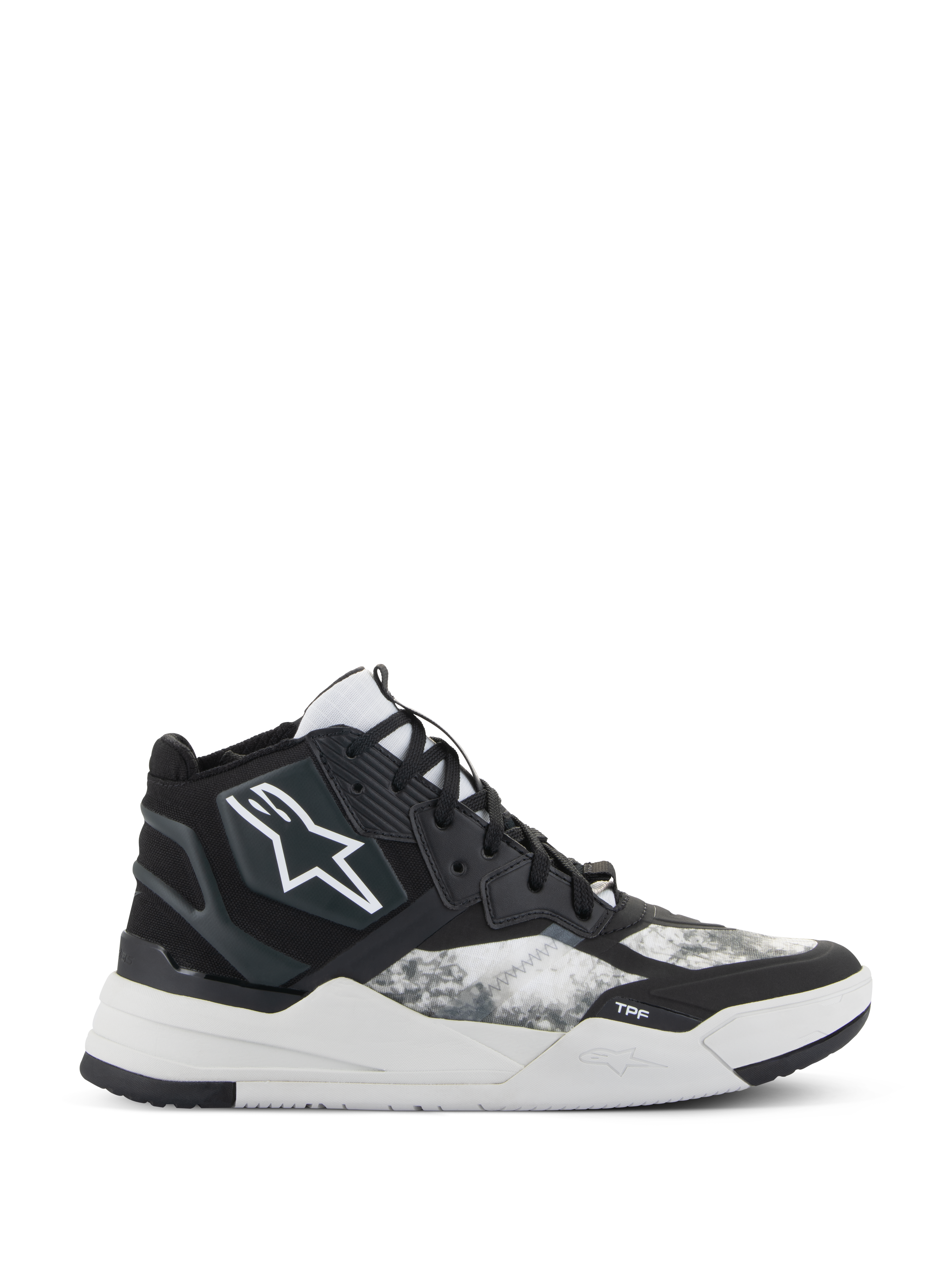 Alpinestars Speedflight Schuhe, High-Top Performance Motorrad-Sneaker, Schwarz, Grau und Weiß, weißes Stern-Logo, strukturiertes Ripstop-Muster an den Seitenwänden, dicke weiße geometrische Sohle mit TPF-Branding