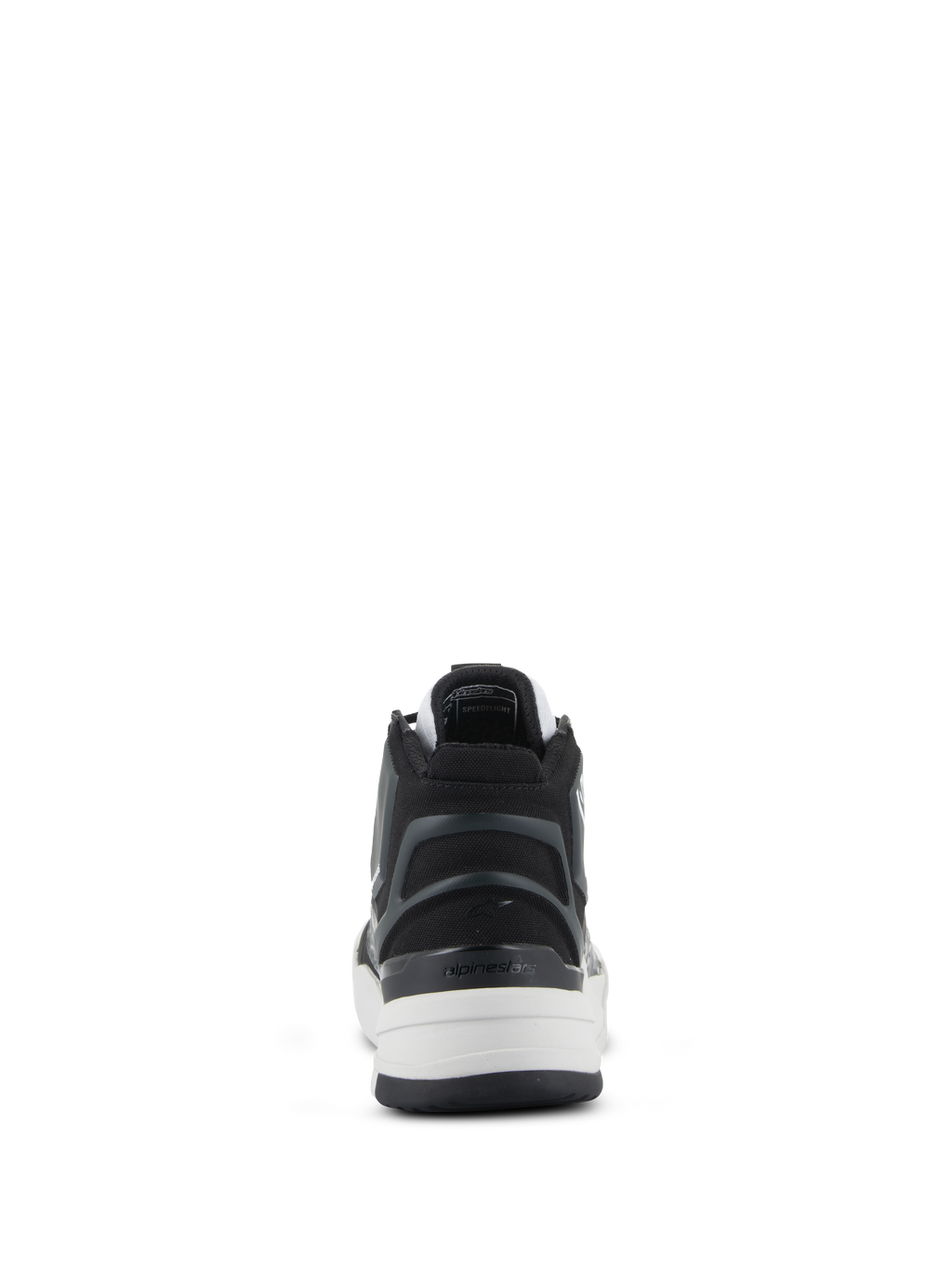 Alpinestars Speedflight Schuhe, Performance-Motorradschuhe, Schwarz, Grau und Weiß, Rückansicht mit Fokus auf die asymmetrische TPU-Fersenkappe mit Logo, weißer Zwischensohle und urbanem, sportlichem Design