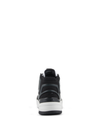 Alpinestars Speedflight Schuhe, Performance-Motorradschuhe, Schwarz, Grau und Weiß, Rückansicht mit Fokus auf die asymmetrische TPU-Fersenkappe mit Logo, weißer Zwischensohle und urbanem, sportlichem Design