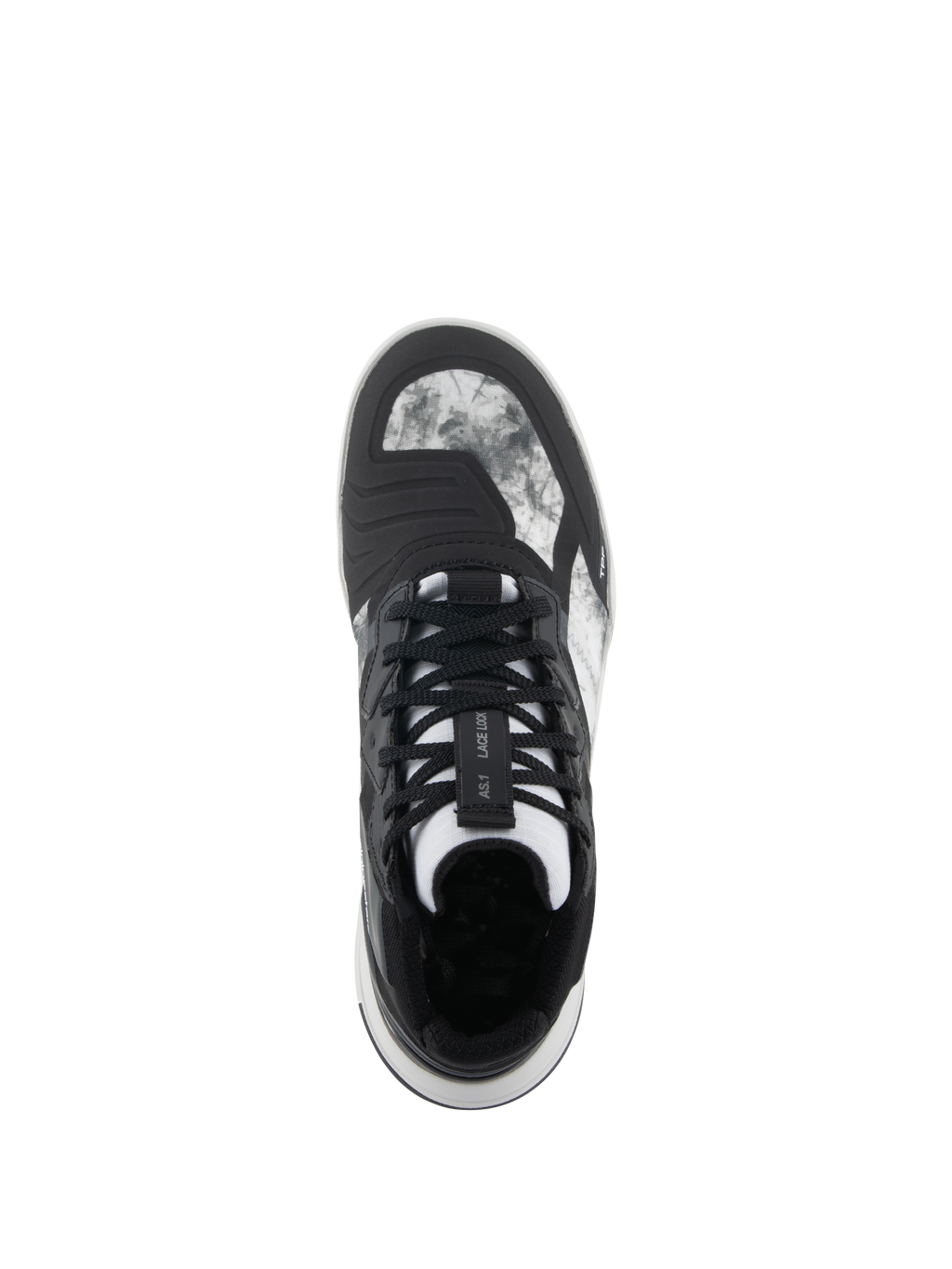Alpinestars Speedflight Schuhe, Schwarz Grau Weiß, Draufsicht mit marmoriertem Ripstop-Obermaterial, Lace-Lock-System auf der Zunge und integriertem Schaltpolster, Motorradschuh im Street-Style