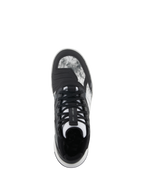 Alpinestars Speedflight Schuhe, Schwarz Grau Weiß, Draufsicht mit marmoriertem Ripstop-Obermaterial, Lace-Lock-System auf der Zunge und integriertem Schaltpolster, Motorradschuh im Street-Style