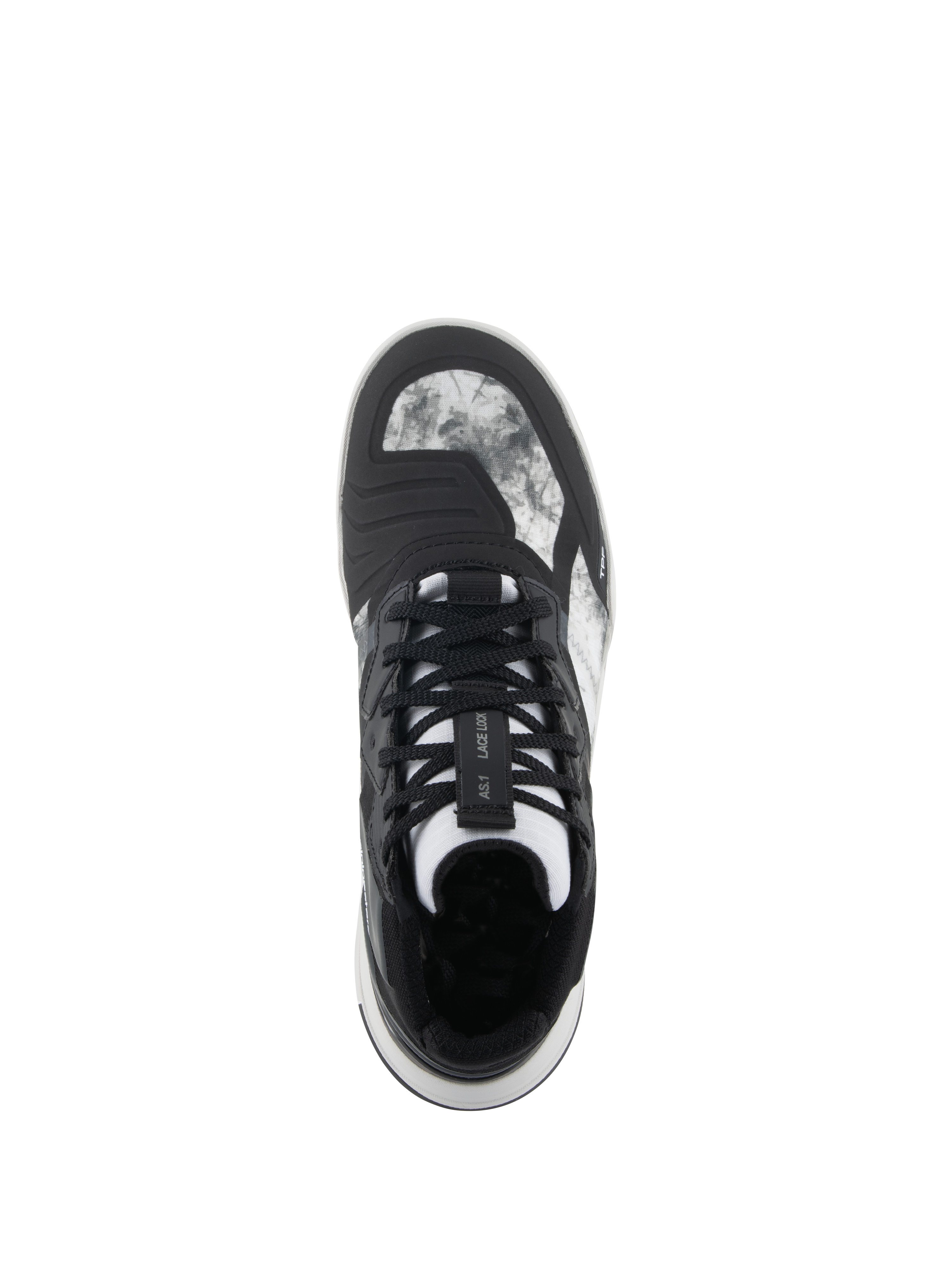 Alpinestars Speedflight Schuhe, Schwarz Grau Weiß, Draufsicht mit marmoriertem Ripstop-Obermaterial, Lace-Lock-System auf der Zunge und integriertem Schaltpolster, Motorradschuh im Street-Style