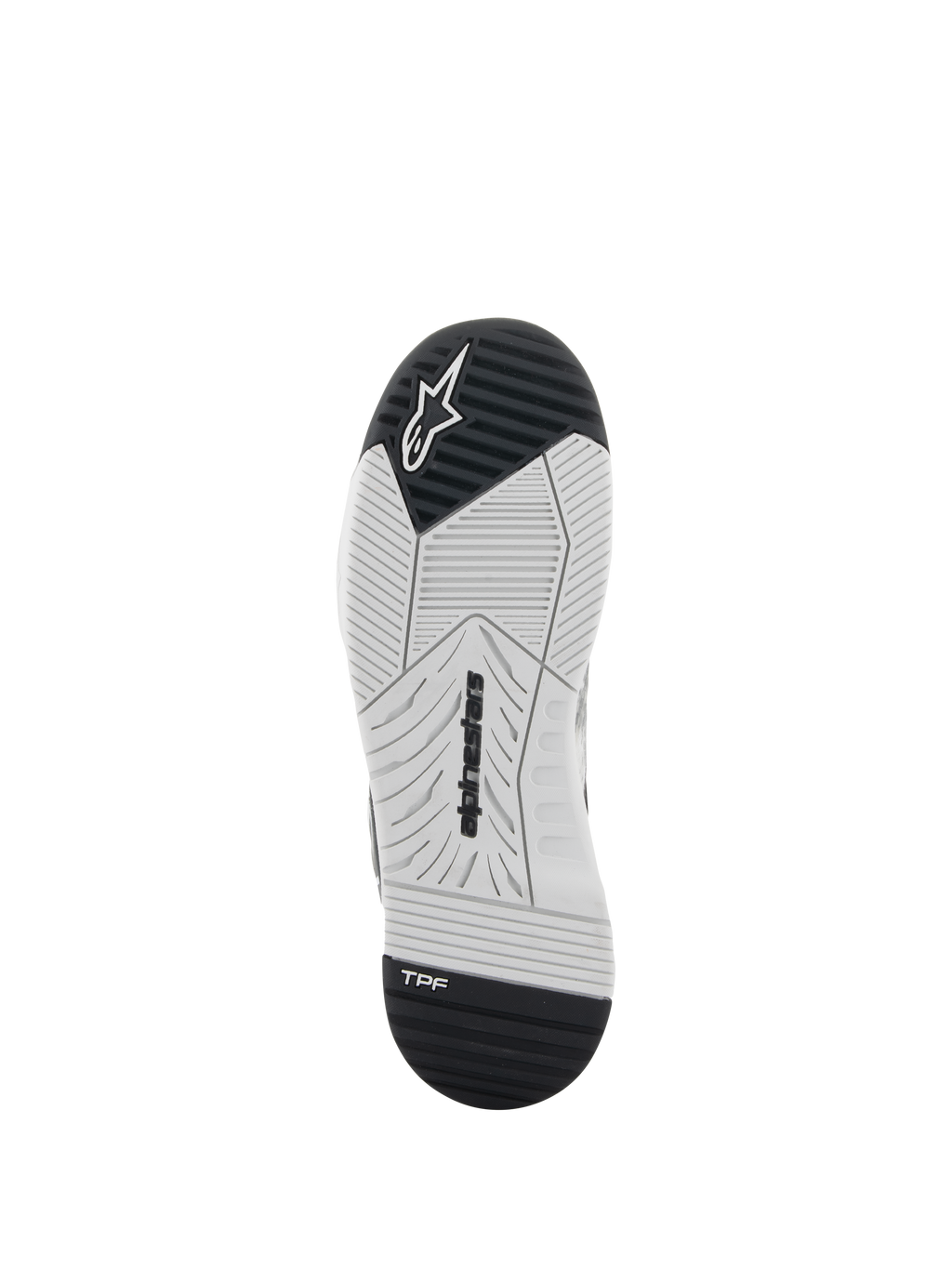 Alpinestars Speedflight Schuhe, Motorradschuhe, Schwarz und Weiß, Unteransicht der Sohle mit Gummisohle mit doppelter Dichte, Alpinestars-Branding und TPF Transversal Protection Frame-Logo, technisch entwickeltes Profil für Griffigkeit