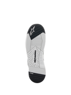 Alpinestars Speedflight Schuhe, Motorradschuhe, Schwarz und Weiß, Unteransicht der Sohle mit Gummisohle mit doppelter Dichte, Alpinestars-Branding und TPF Transversal Protection Frame-Logo, technisch entwickeltes Profil für Griffigkeit