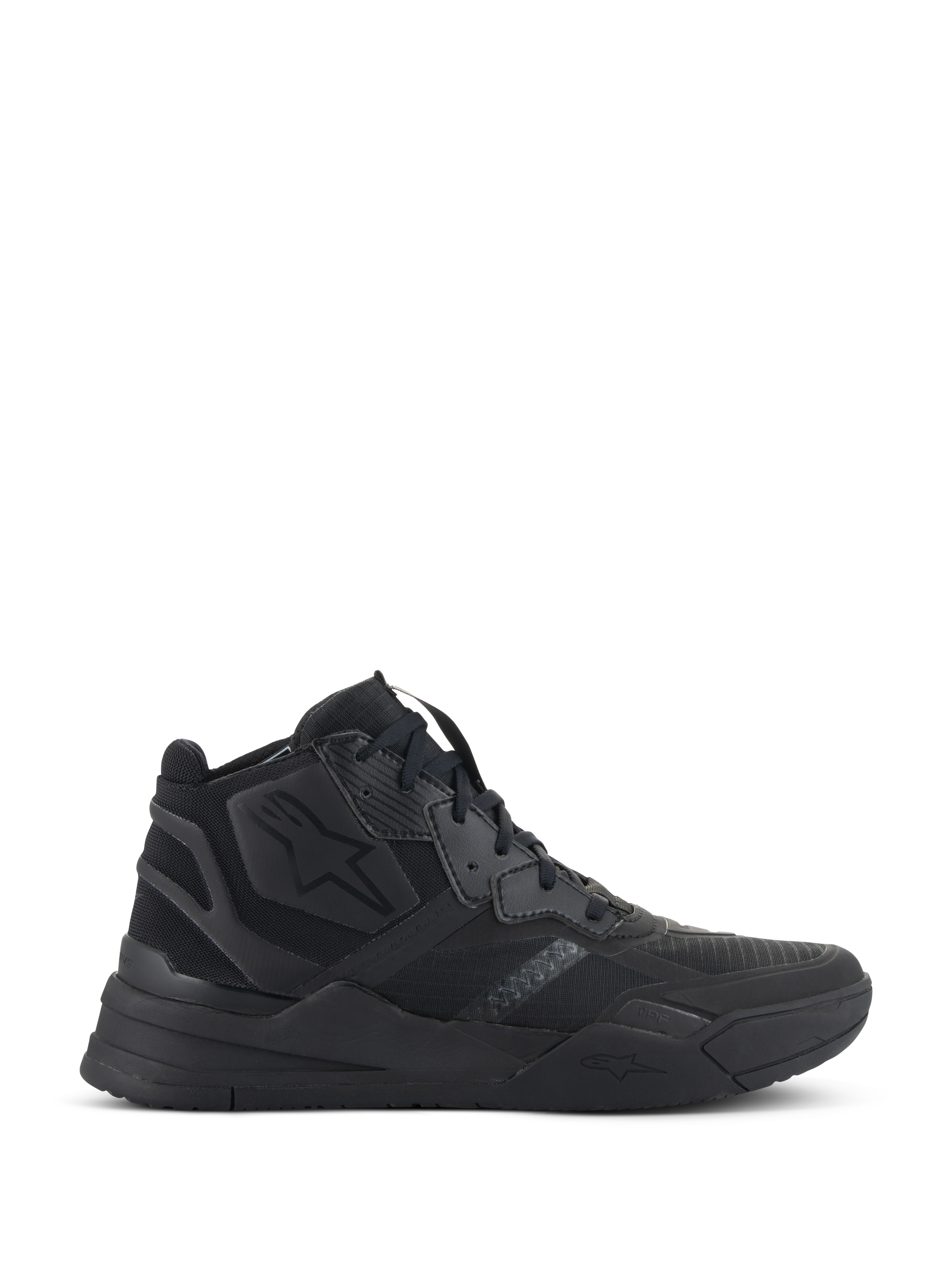 Alpinestars Speedflight Shoes, Black High-Top Sneakers, Urban Motorcycle Riding Footwear, Ripstop Upper with Seamless Reinforcement, Alpinestars Star Logo, Thick Dual Density Sole, Modern Streetwear Style