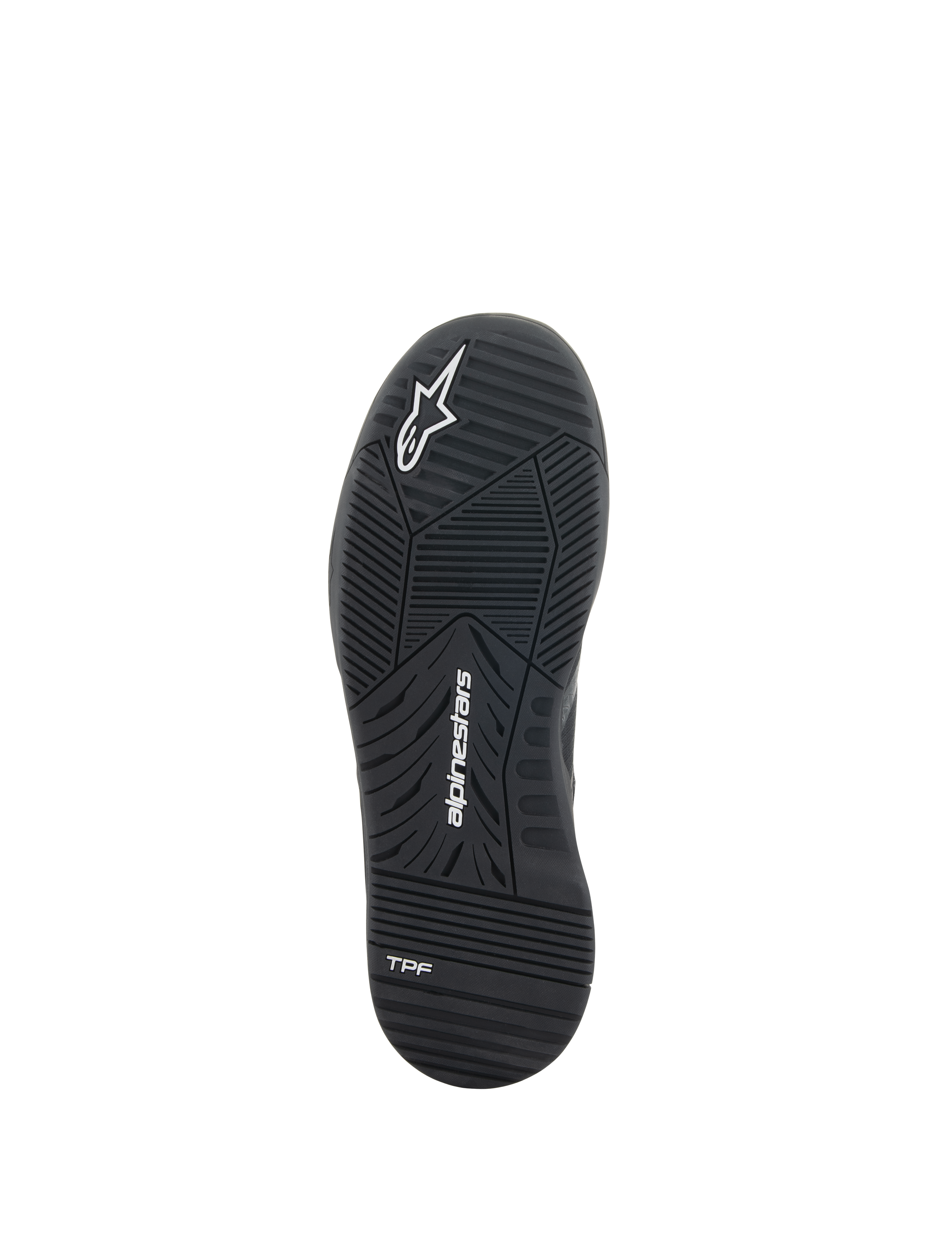 Alpinestars Speedflight Shoes, Motorcycle Riding Shoes, Black, Underside view of the dual-density rubber sole, featuring Alpinestars logo and TPF branding, engineered tread pattern for urban performance