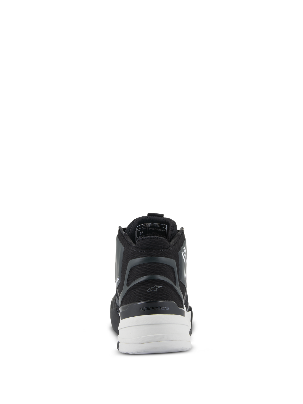 Alpinestars Speedflight Shoes, Black and White, rear view featuring a molded semi-rigid heel piece, asymmetric TPU heel counter, and white dual-density sole, performance urban riding footwear