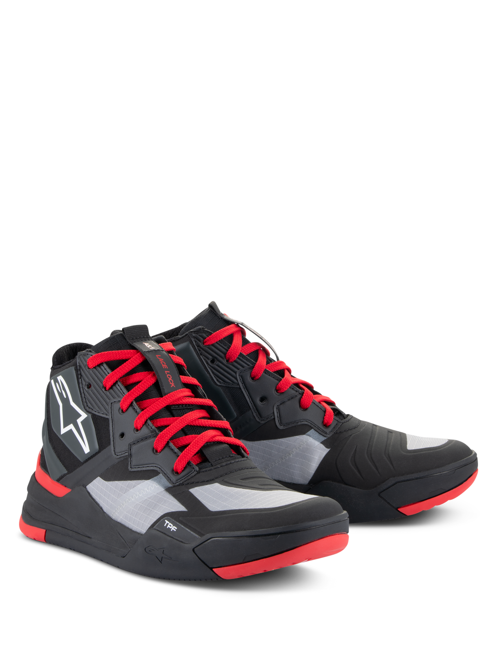 Alpinestars Speedflight Schuhe, Performance-Motorradschuhe, Schwarz, leuchtendes Rot und Weiß, mit Ripstop-Obermaterial und grauen Einsätzen, roten Schnürsenkeln und Sohlenakzenten, weißem Astars-Logo an der Seite, sportliches Motorrad-Sneaker-Design