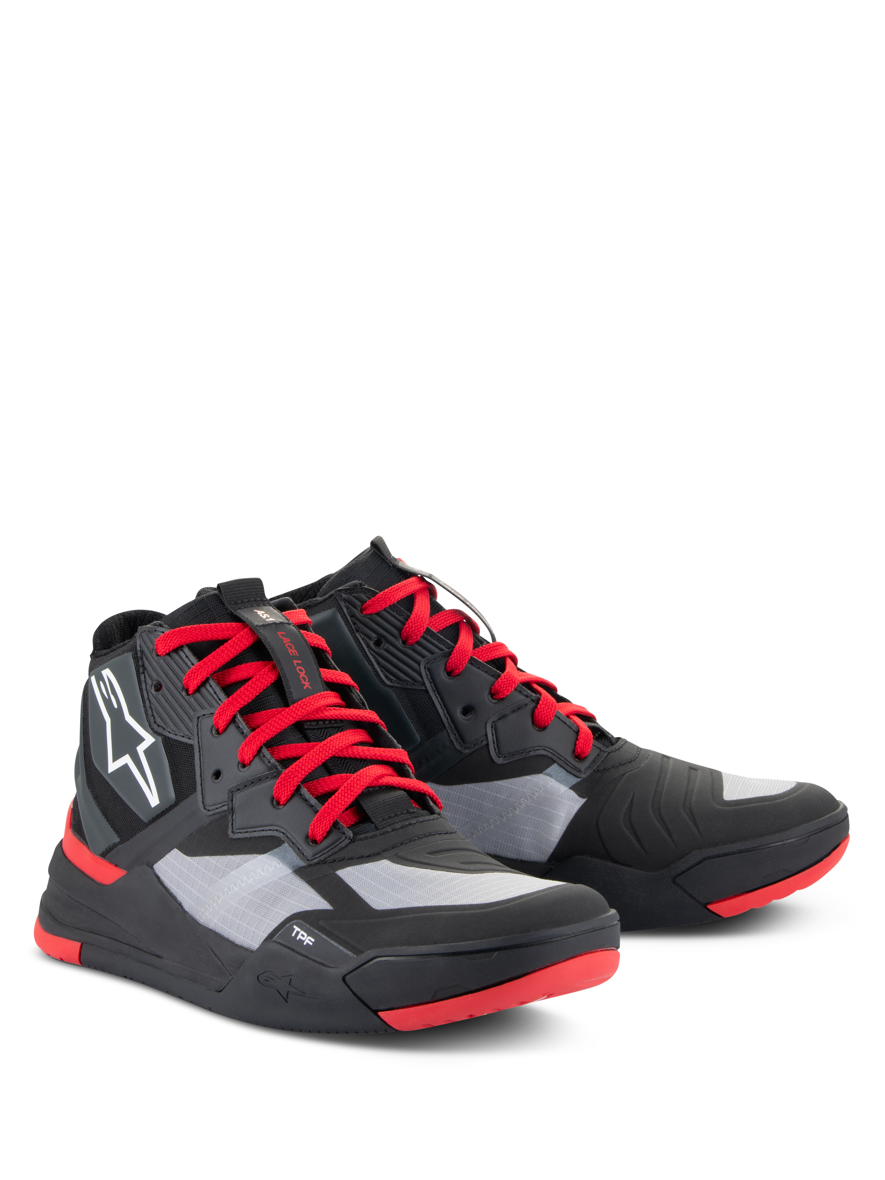 Alpinestars Speedflight Schuhe, Performance-Motorradschuhe, Schwarz, leuchtendes Rot und Weiß, mit Ripstop-Obermaterial und grauen Einsätzen, roten Schnürsenkeln und Sohlenakzenten, weißem Astars-Logo an der Seite, sportliches Motorrad-Sneaker-Design