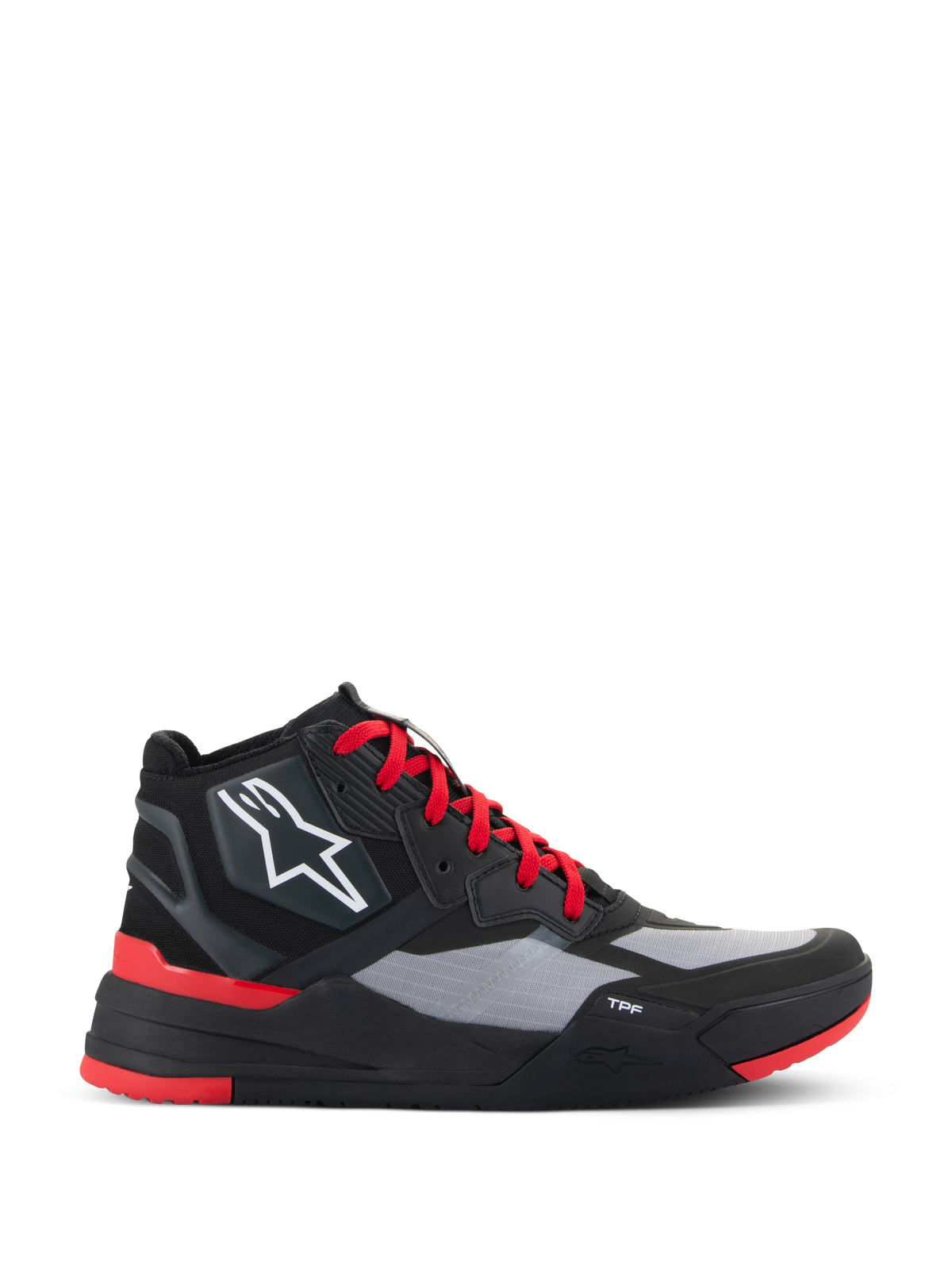 Alpinestars Speedflight Schuhe, hohe Motorrad-Sneaker, Schwarz und leuchtendes Rot mit grauen Einsätzen, weißes Stern-Logo, rote Schnürsenkel, sportliches urbanes Design mit TPF-Zwischensohle