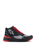 Alpinestars Speedflight Schuhe, hohe Motorrad-Sneaker, Schwarz und leuchtendes Rot mit grauen Einsätzen, weißes Stern-Logo, rote Schnürsenkel, sportliches urbanes Design mit TPF-Zwischensohle