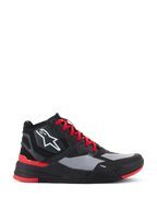 Alpinestars Speedflight Schuhe, hohe Motorrad-Sneaker, Schwarz und leuchtendes Rot mit grauen Einsätzen, weißes Stern-Logo, rote Schnürsenkel, sportliches urbanes Design mit TPF-Zwischensohle