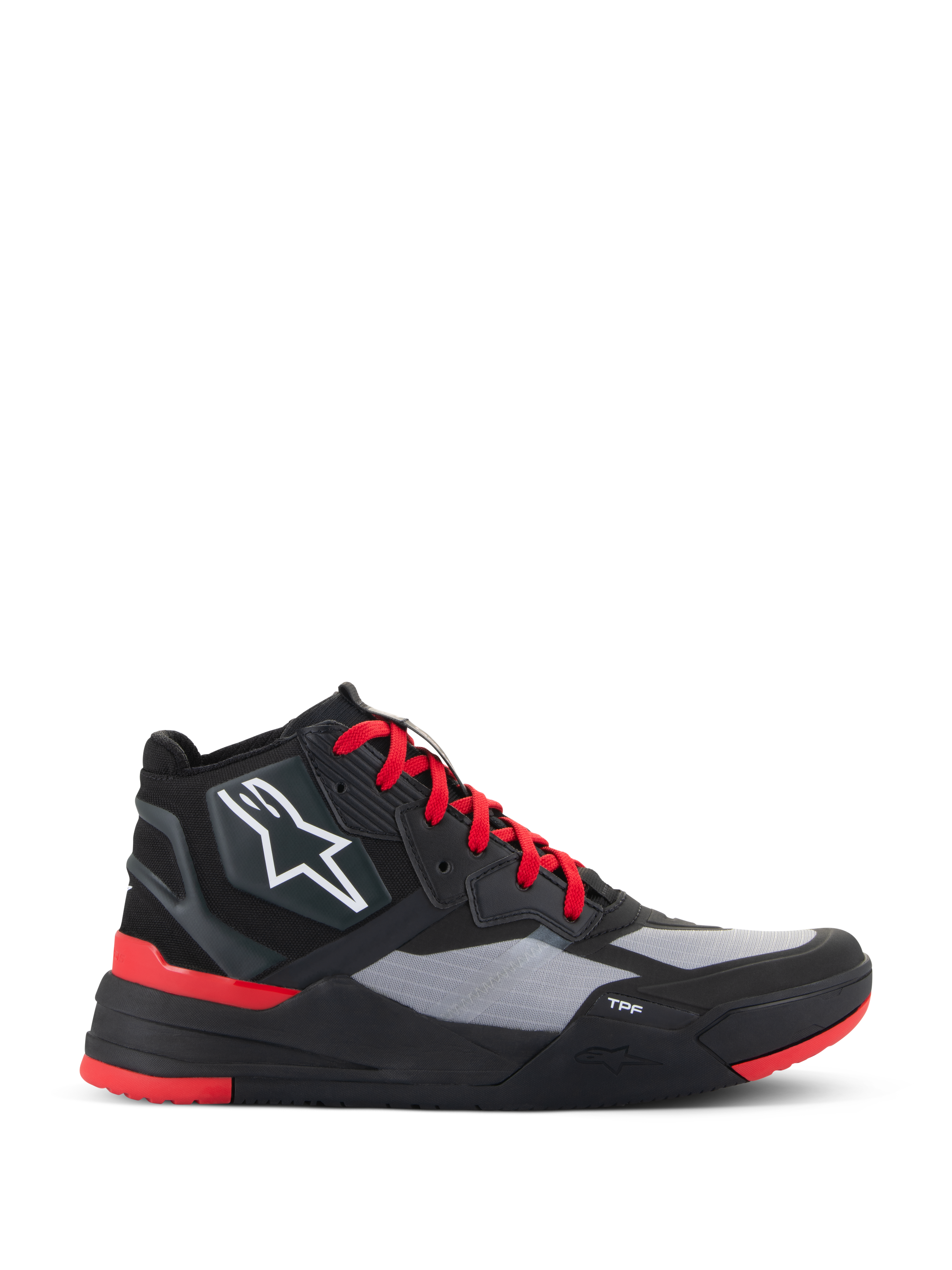 Alpinestars Speedflight Schuhe, hohe Motorrad-Sneaker, Schwarz und leuchtendes Rot mit grauen Einsätzen, weißes Stern-Logo, rote Schnürsenkel, sportliches urbanes Design mit TPF-Zwischensohle