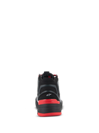 Alpinestars Speedflight Schuhe, Performance-Motorradschuhe, Schwarz, leuchtendes Rot und Weiß, Rückansicht mit geformtem Fersenteil und kleinem weißen Astar-Logo, roter Fersenkappe mit Alpinestars-Schriftzug und leistungsstarkem Ripstop-Obermaterial.