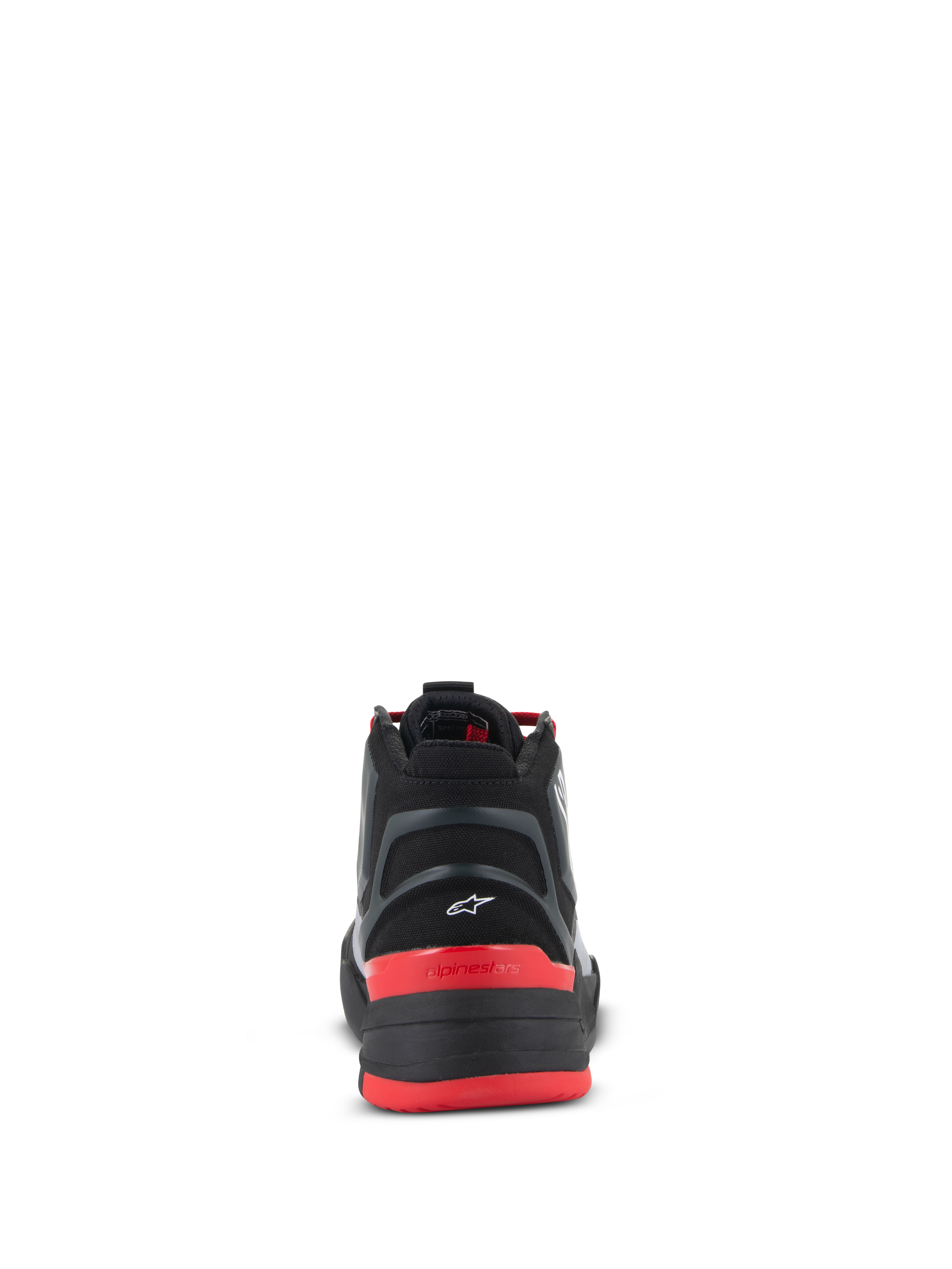 Alpinestars Speedflight Schuhe, Performance-Motorradschuhe, Schwarz, leuchtendes Rot und Weiß, Rückansicht mit geformtem Fersenteil und kleinem weißen Astar-Logo, roter Fersenkappe mit Alpinestars-Schriftzug und leistungsstarkem Ripstop-Obermaterial.