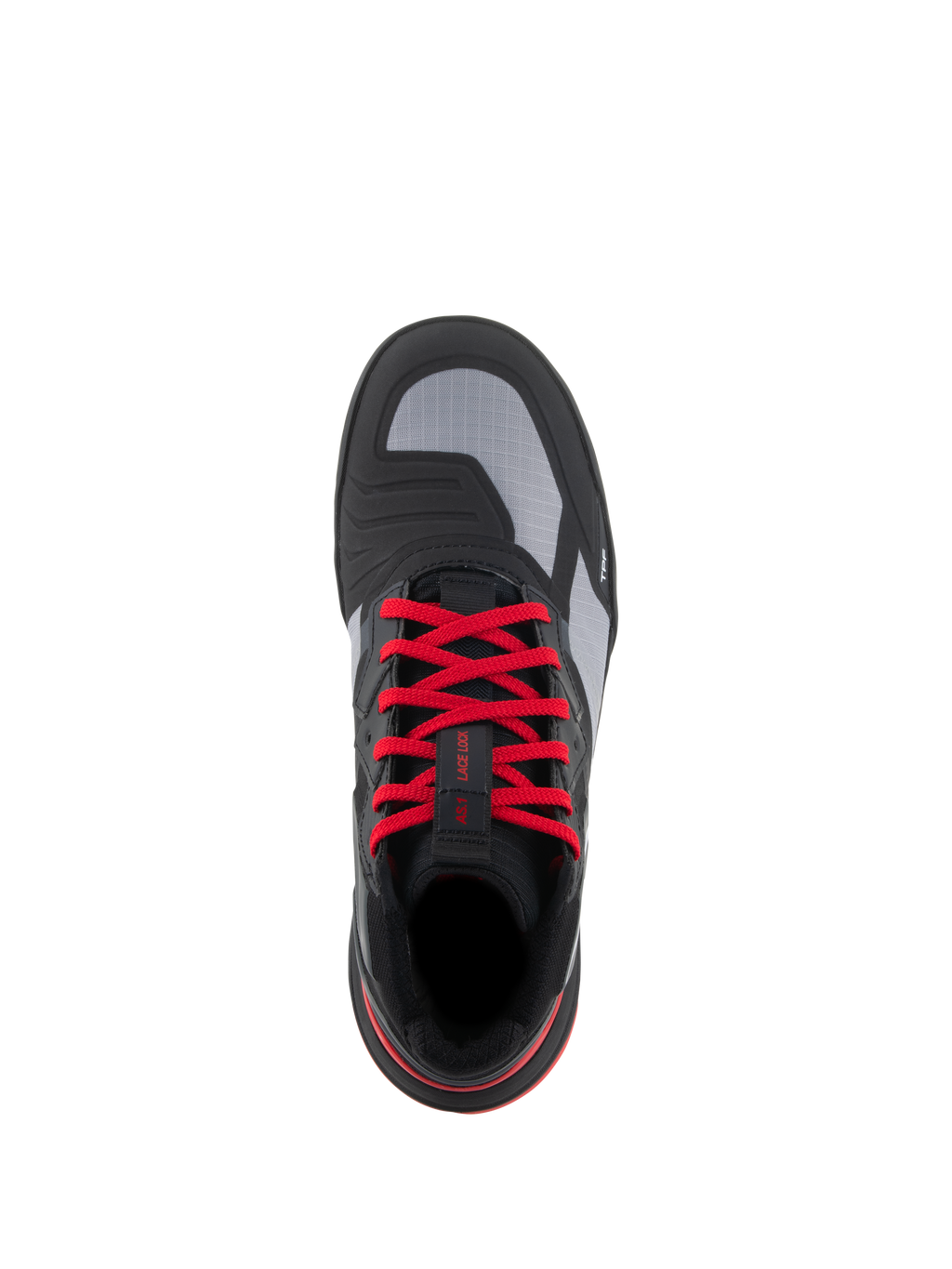 Alpinestars Speedflight Schuhe, Performance-Motorradschuhe, Schwarz, Leuchtendes Rot und Weiß, Draufsicht mit leuchtend roten Schnürsenkeln, grauen Ripstop-Obermaterial-Einsätzen und integriertem Schaltpolster, urbanes Motorrad-Schuhwerk.