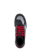 Alpinestars Speedflight Schuhe, Performance-Motorradschuhe, Schwarz, Leuchtendes Rot und Weiß, Draufsicht mit leuchtend roten Schnürsenkeln, grauen Ripstop-Obermaterial-Einsätzen und integriertem Schaltpolster, urbanes Motorrad-Schuhwerk.