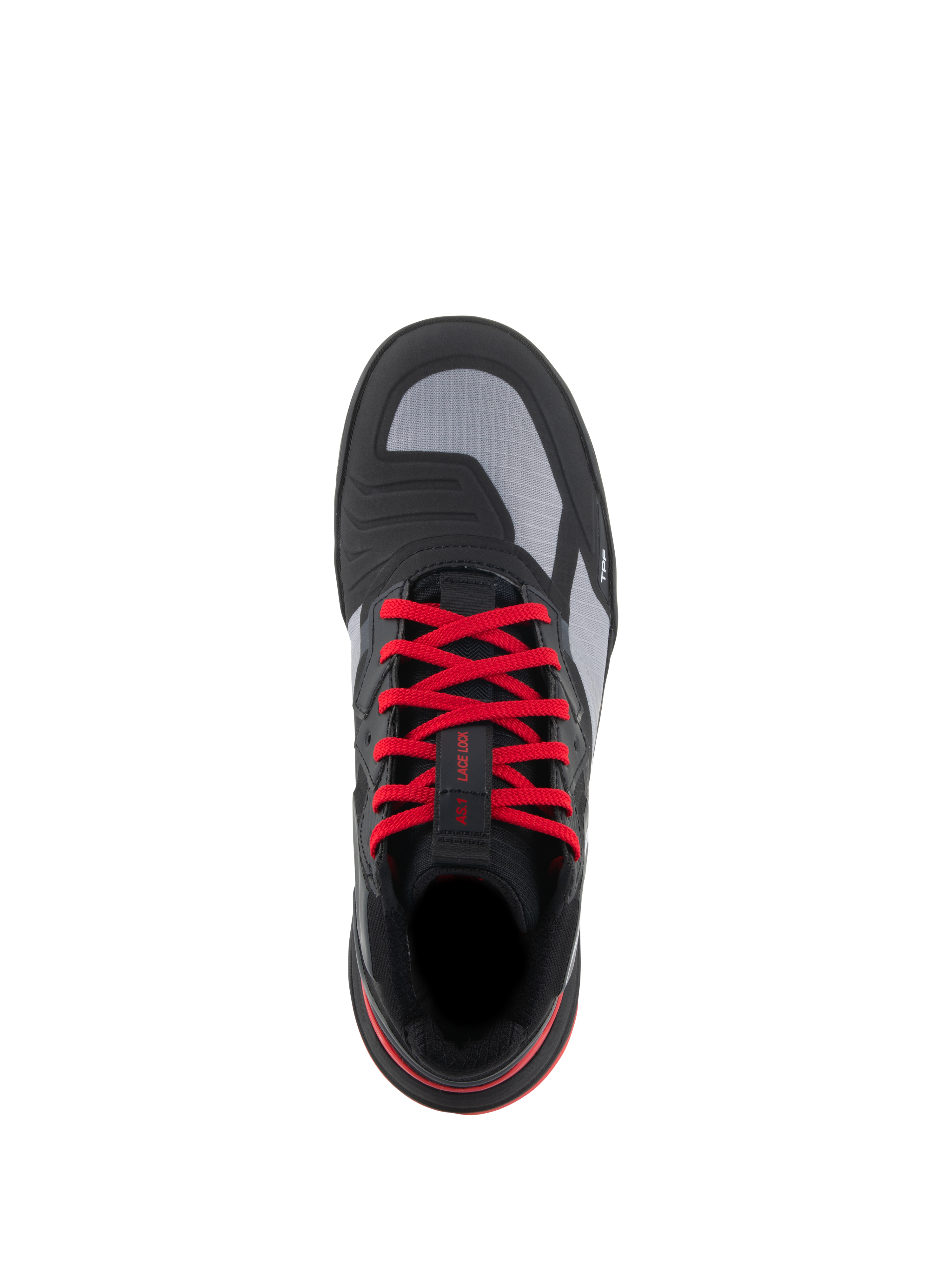 Alpinestars Speedflight Schuhe, Performance-Motorradschuhe, Schwarz, Leuchtendes Rot und Weiß, Draufsicht mit leuchtend roten Schnürsenkeln, grauen Ripstop-Obermaterial-Einsätzen und integriertem Schaltpolster, urbanes Motorrad-Schuhwerk.