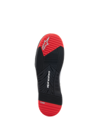 Alpinestars Speedflight Schuhe, Motorradschuhe, Sohlenansicht, Schwarz und Hellrot, mit weißem Alpinestars-Logo und TPF-Branding, Gummisohle mit doppelter Dichte und multidirektionalem Profilmuster.