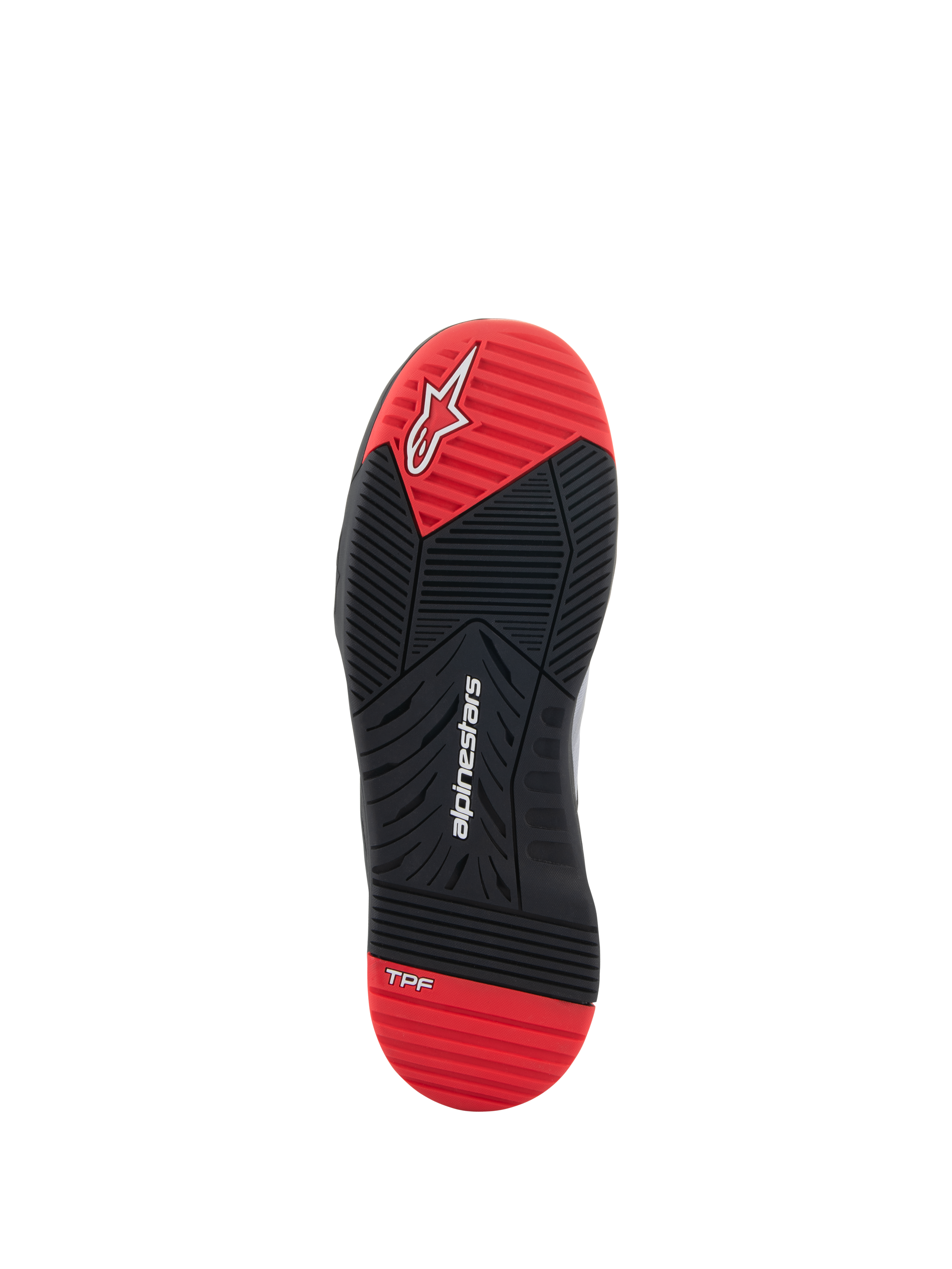 Alpinestars Speedflight Schuhe, Motorradschuhe, Sohlenansicht, Schwarz und Hellrot, mit weißem Alpinestars-Logo und TPF-Branding, Gummisohle mit doppelter Dichte und multidirektionalem Profilmuster.