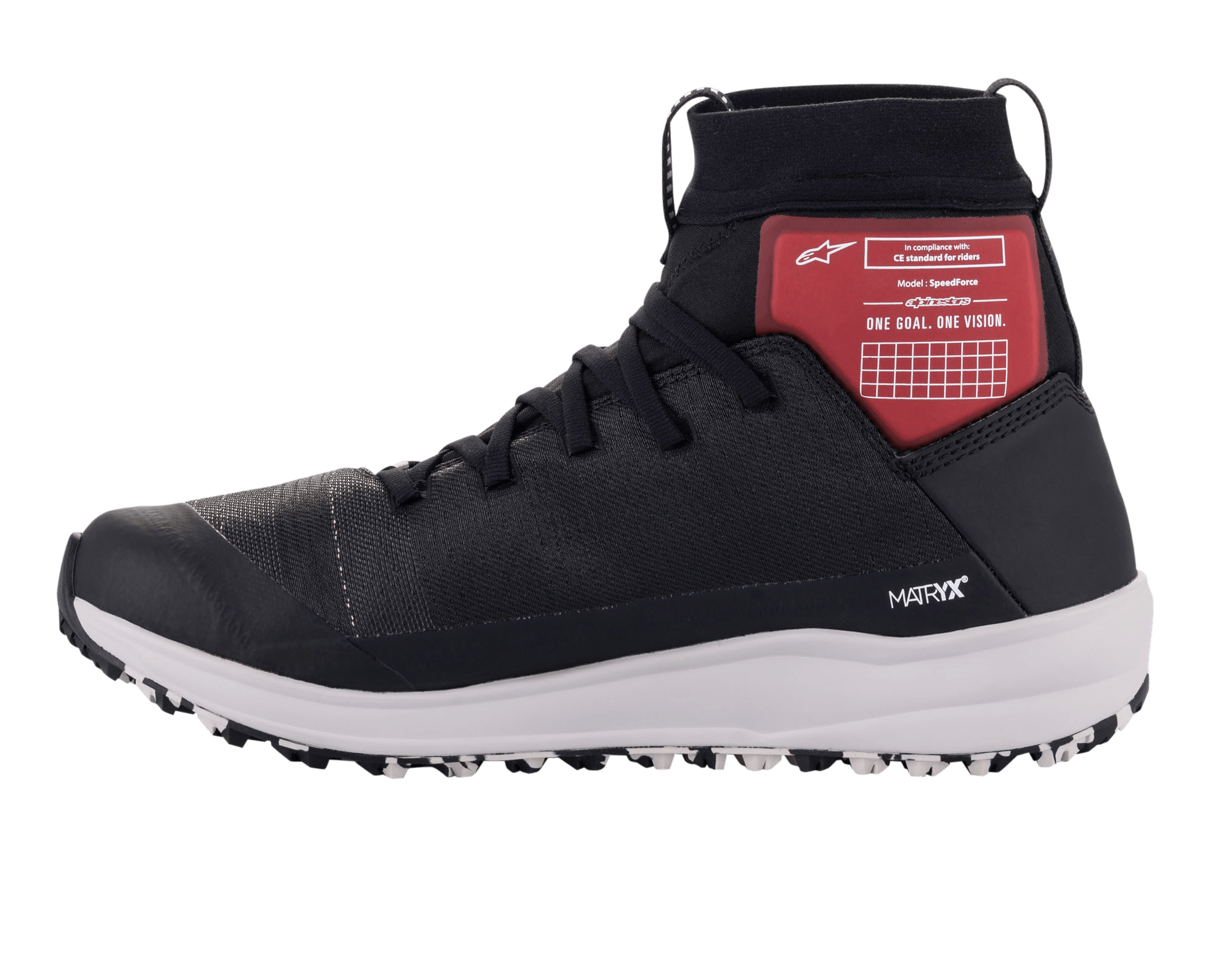 Alpinestars Speedforce Schuhe, Motorradschuhe, Schwarz, Weiß und Rot, mit MATRYX-Textilobermaterial, hohem Knöchelschutz mit rotem Grafik-Panel, weißer sportlicher Zwischensohle, von Laufschuhen inspirierte Silhouette für urbane Fahrten