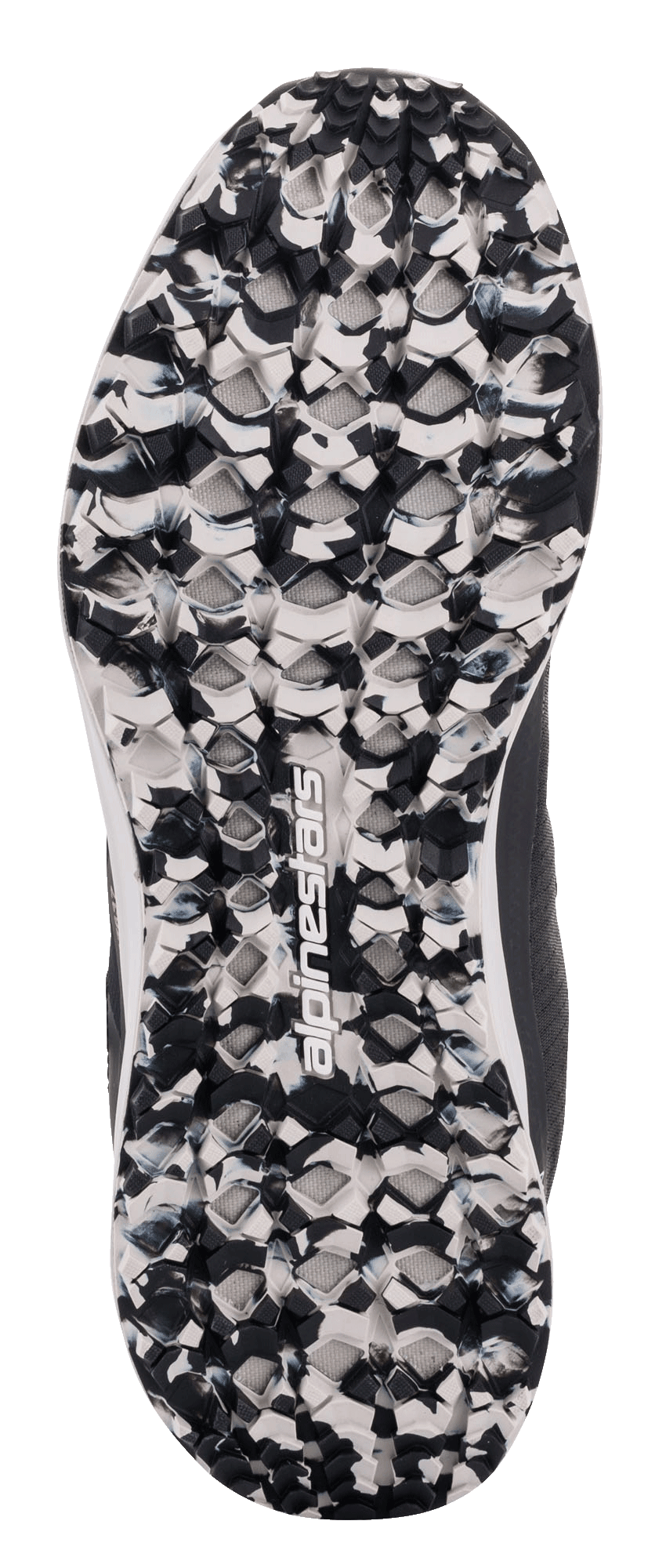 Alpinestars Speedforce Schuhe, Detail der Außensohle, schwarz-weiß marmoriert, strukturiertes Profil mit zentralem Alpinestars-Logo, lässiger Motorradschuh konzipiert für Grip und Komfort