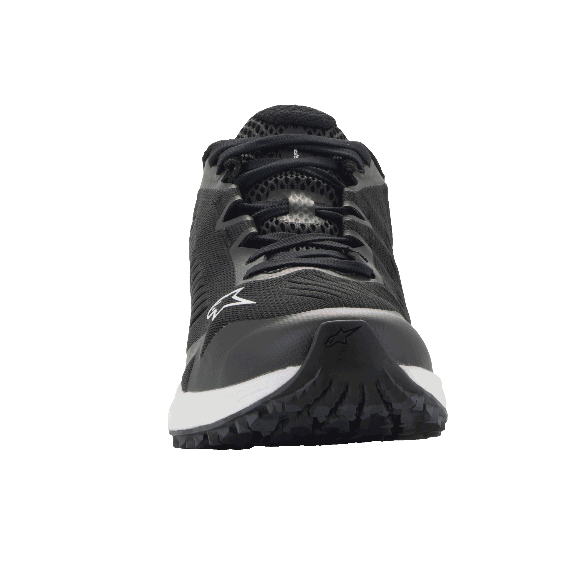 Alpinestars Meta Road V2 Schuhe, Sportswear-Schuhe, Schwarz und Weiß, Vorderansicht mit atmungsaktiver Mesh-Konstruktion, weißer Zwischensohle und Alpinestars-Logo an der Seite und im Zehenbereich, leichte, vom Motorsport inspirierte Arbeitskleidung