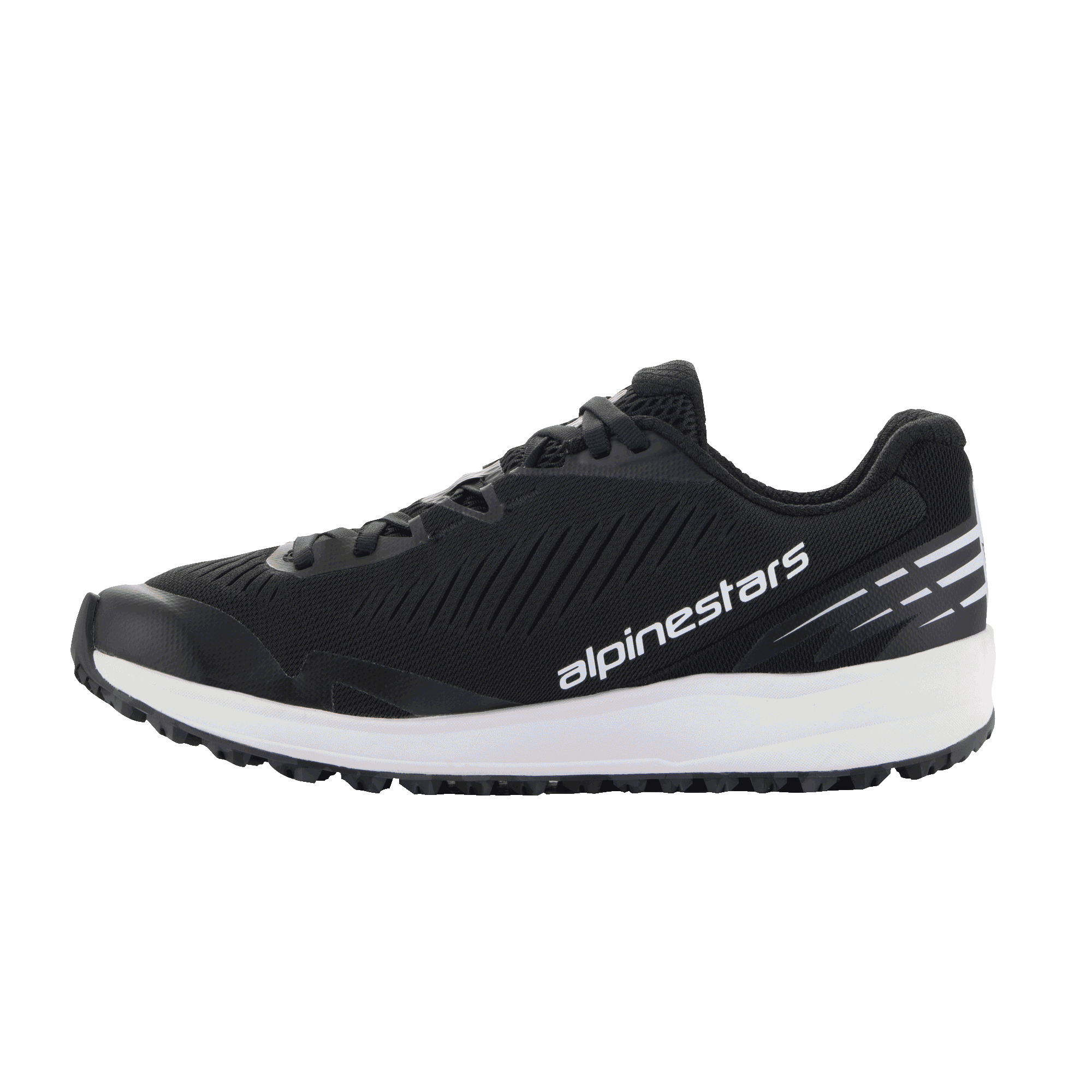 Alpinestars Meta Road V2 Schuhe, Sportswear-Schuhe, Schwarz und Weiß, atmungsaktives Mesh-Obermaterial mit diagonalen Strukturrillen, dicke weiße Zwischensohle, weißes Alpinestars-Logo an der Seite, weiße Streifenakzente an der Ferse, sportliches Design für Freizeit und Rennteam-Arbeitskleidung