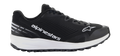 Alpinestars Meta Road V2 Schuhe, schwarzes sportliches Schuhwerk mit dicker weißer Sohle, weißes Alpinestars-Branding und Stern-Logo, strukturiertes Mesh-Obermaterial, schwarze Schnürsenkel, robuste griffige Außensohle, leichtes sportliches Design für Rennteam-Arbeitskleidung und den Freizeitgebrauch