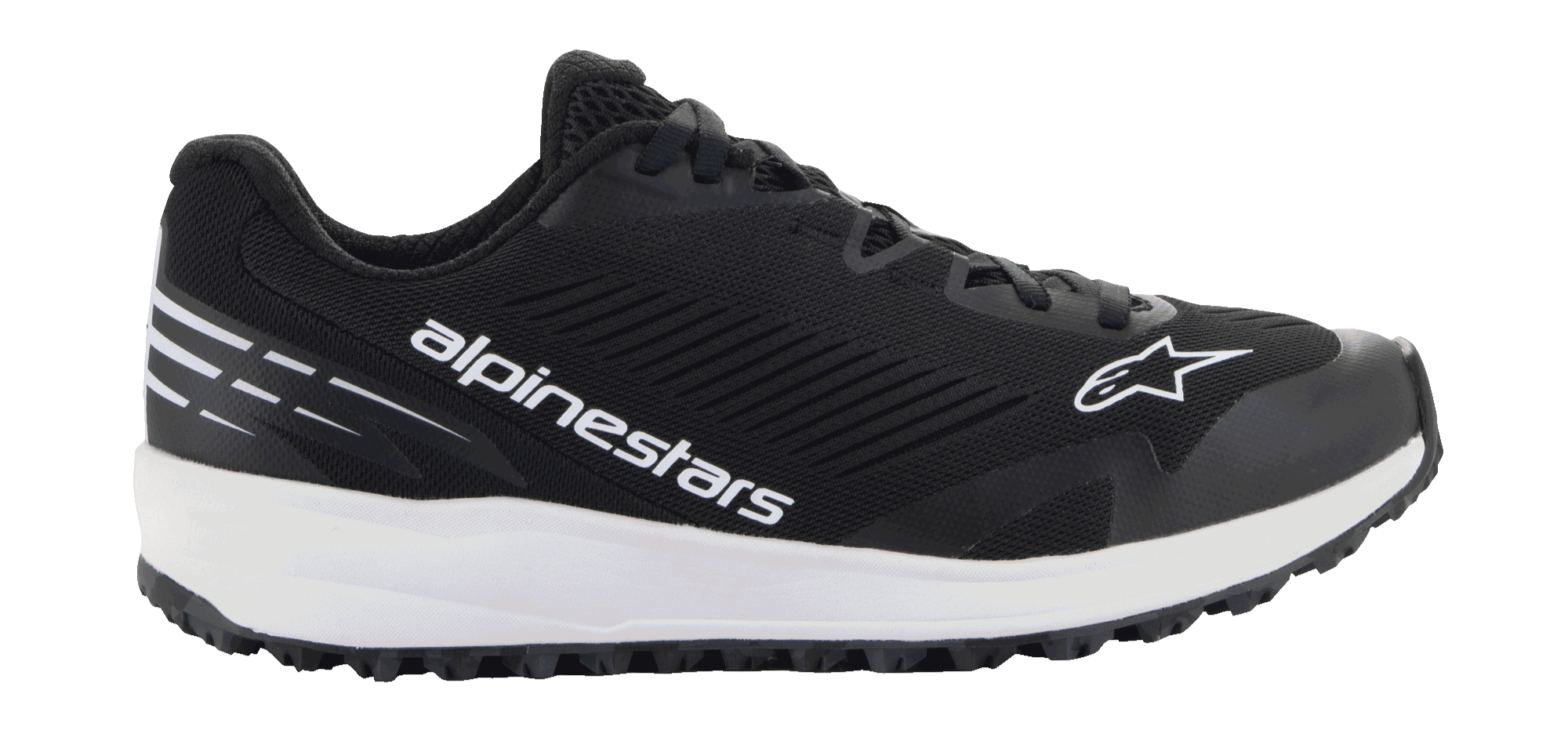 Alpinestars Meta Road V2 Schuhe, schwarzes sportliches Schuhwerk mit dicker weißer Sohle, weißes Alpinestars-Branding und Stern-Logo, strukturiertes Mesh-Obermaterial, schwarze Schnürsenkel, robuste griffige Außensohle, leichtes sportliches Design für Rennteam-Arbeitskleidung und den Freizeitgebrauch