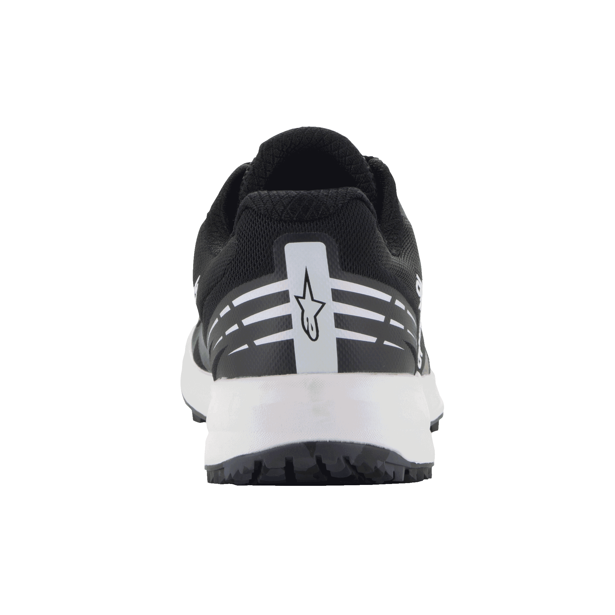 Alpinestars Meta Road V2 Schuhe, Sportswear-Schuhe, Schwarz und Weiß, Rückansicht mit weißem Alpinestars-Sternlogo und horizontalen Streifen an der Ferse, weiße Zwischensohle, leichtes atmungsaktives Design für Rennteam-Arbeitskleidung