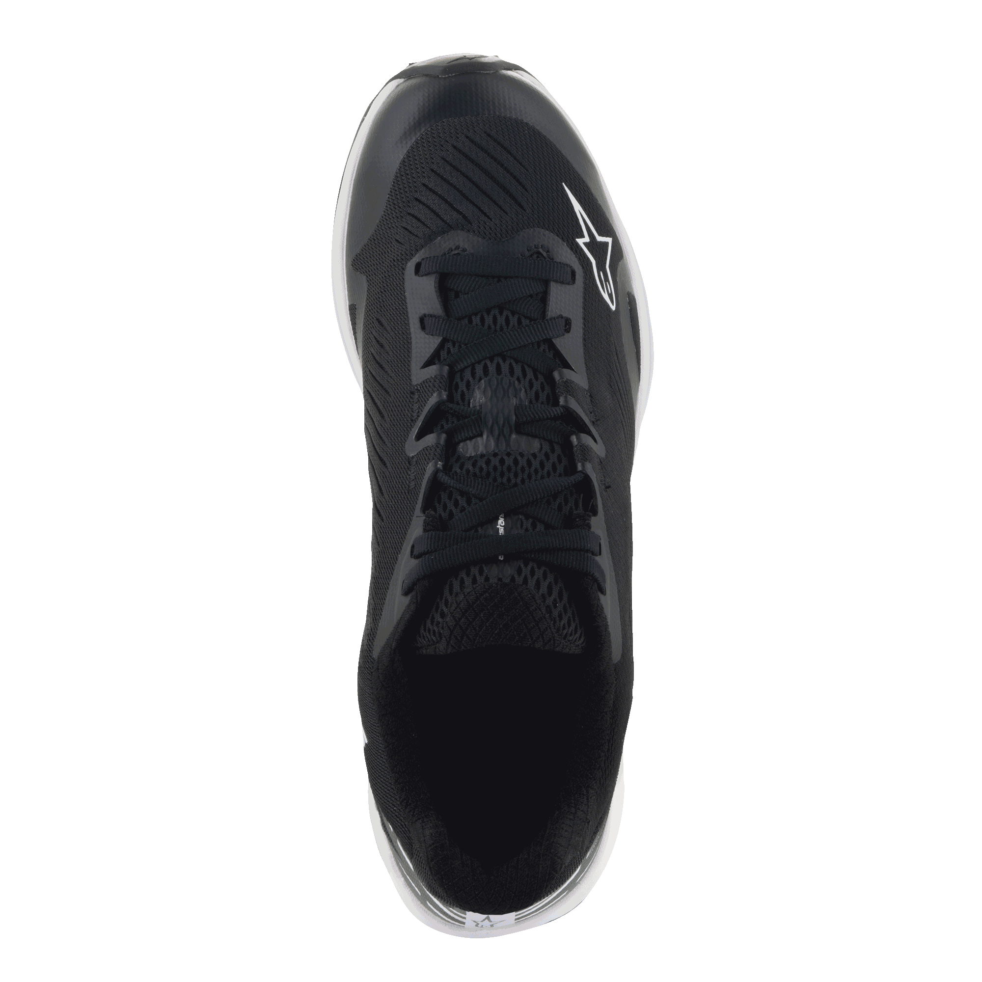 Alpinestars Meta Road V2 Schuhe, Sportswear-Schuhe, Schwarz und Weiß, Draufsicht mit atmungsaktivem synthetischem Mesh-Obermaterial, schwarzen Schnürsenkeln und weißem Astars-Logo, entwickelt für ganztägigen Komfort und als Arbeitskleidung für Rennteams.